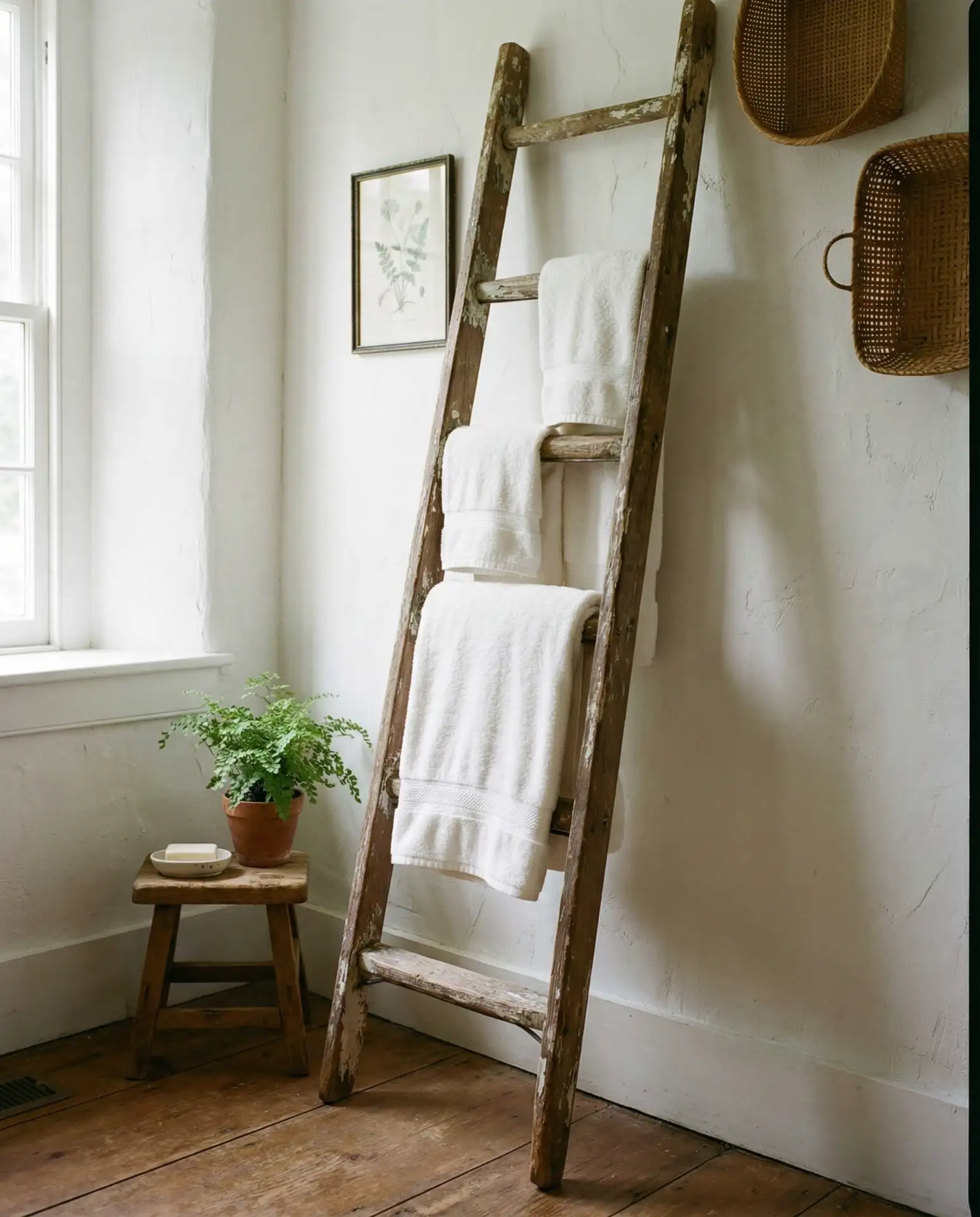 Antique Wooden Ladders as Towel Racks or Blanket Displays 1
