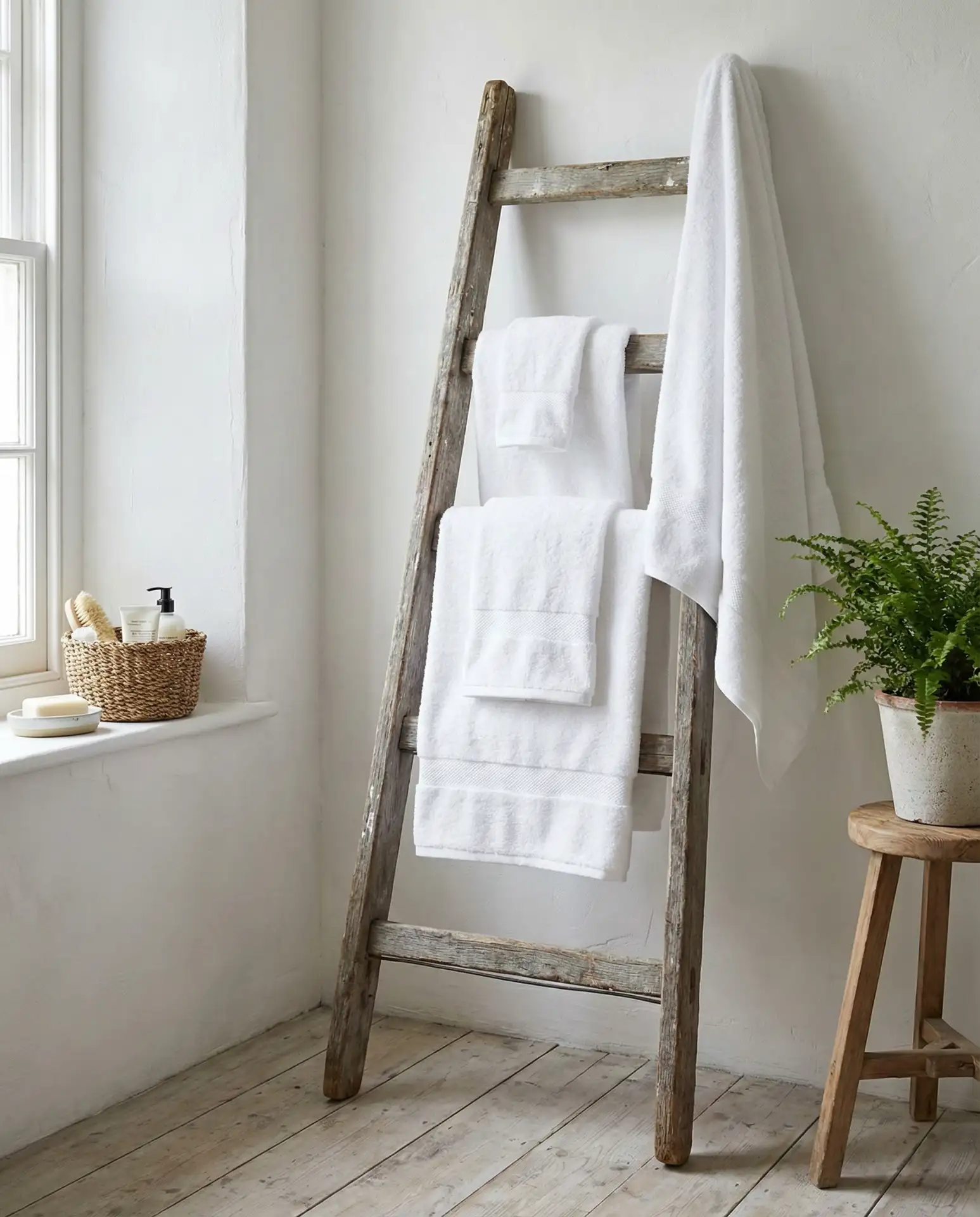 Antique Wooden Ladders as Towel Racks or Blanket Displays 2