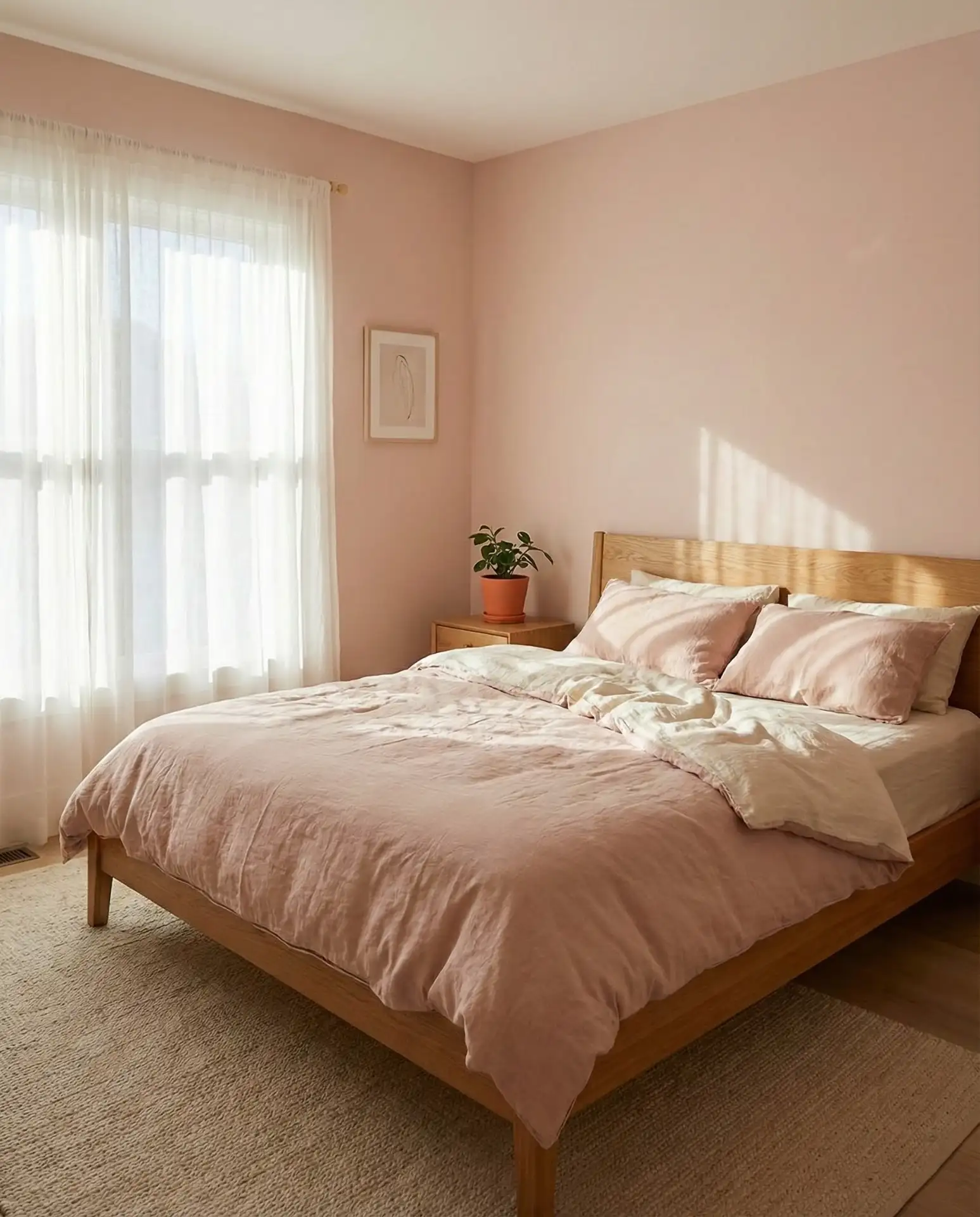 Blush Pink Bedroom with Natural Wood Accents 1