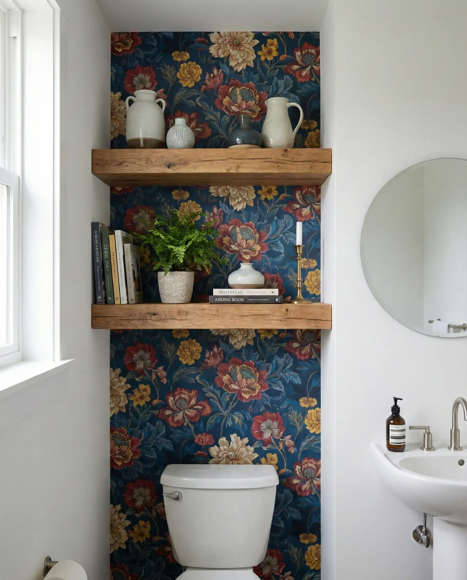 Bold Wallpaper Behind Floating Shelves 1