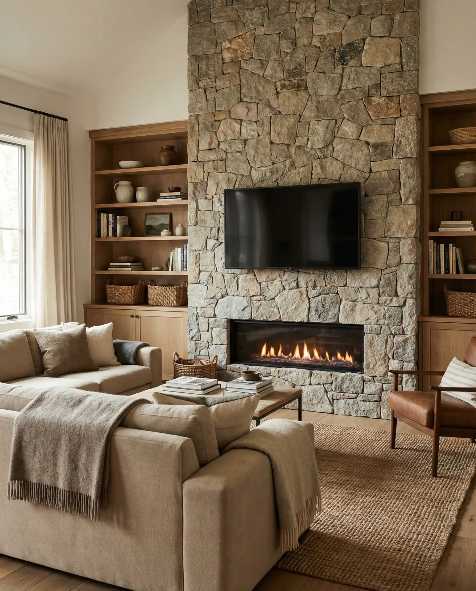 Built-In Fireplace and TV Combo with Stone Surround 1