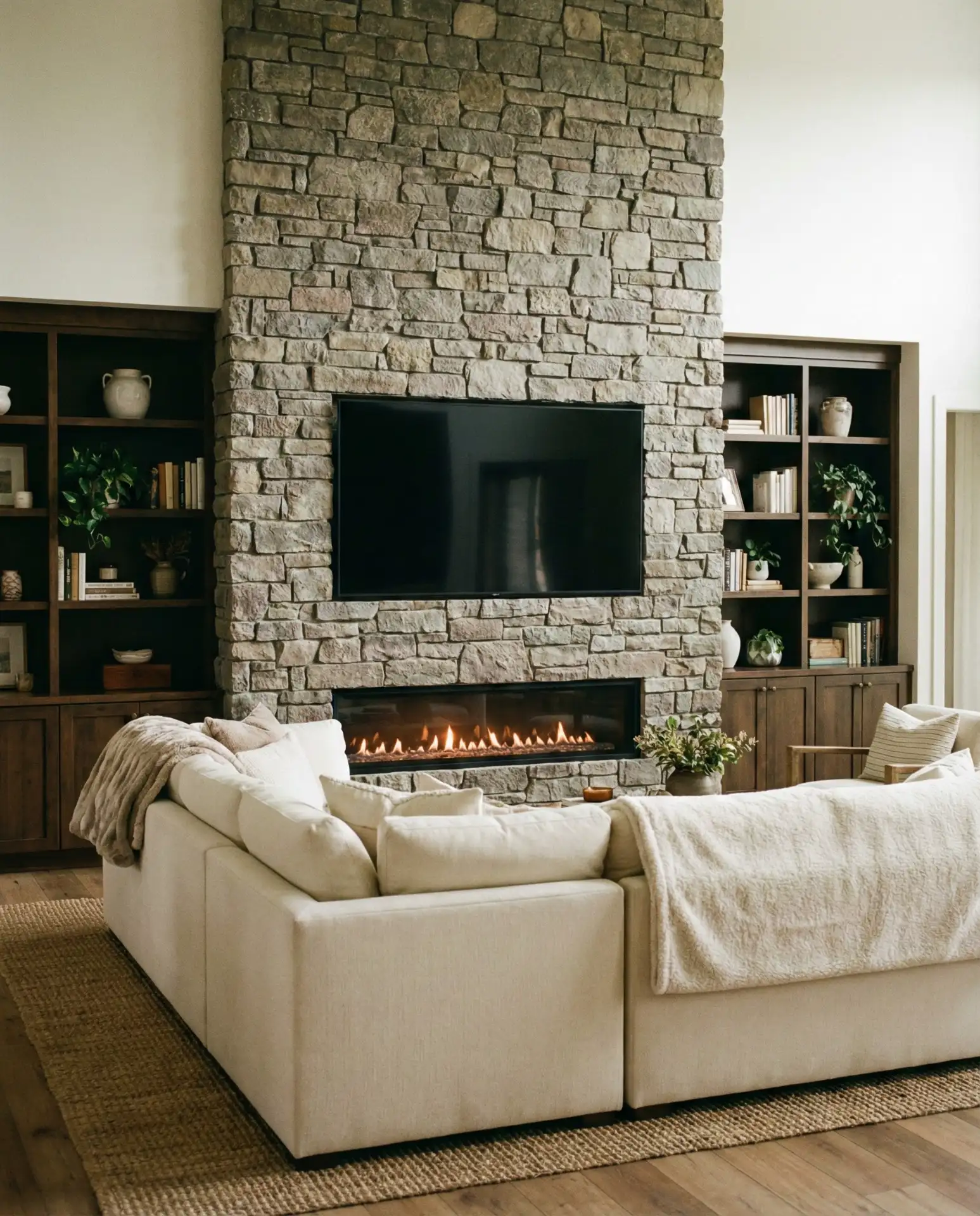 Built-In Fireplace and TV Combo with Stone Surround 2