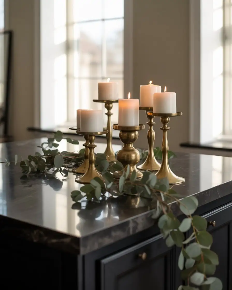 Centerpieces with Layered Candlesticks and Greenery