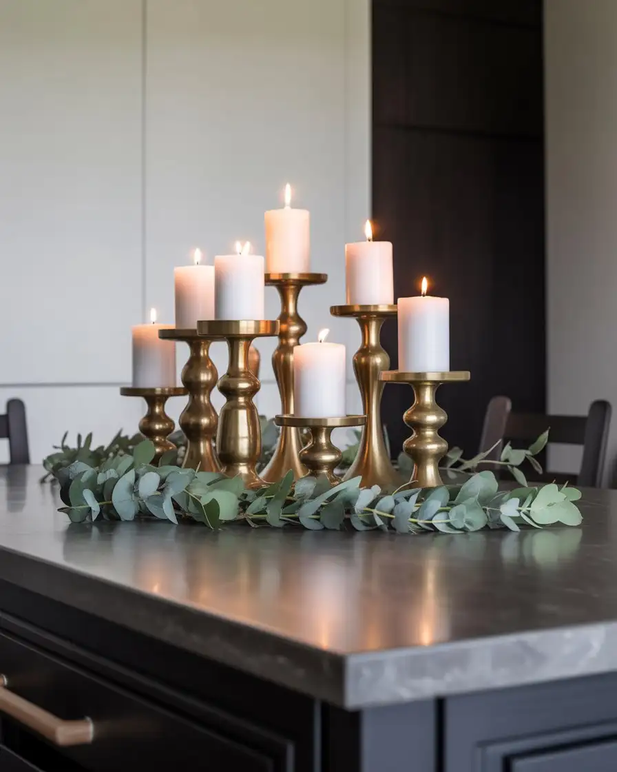 Centerpieces with Layered Candlesticks and Greenery