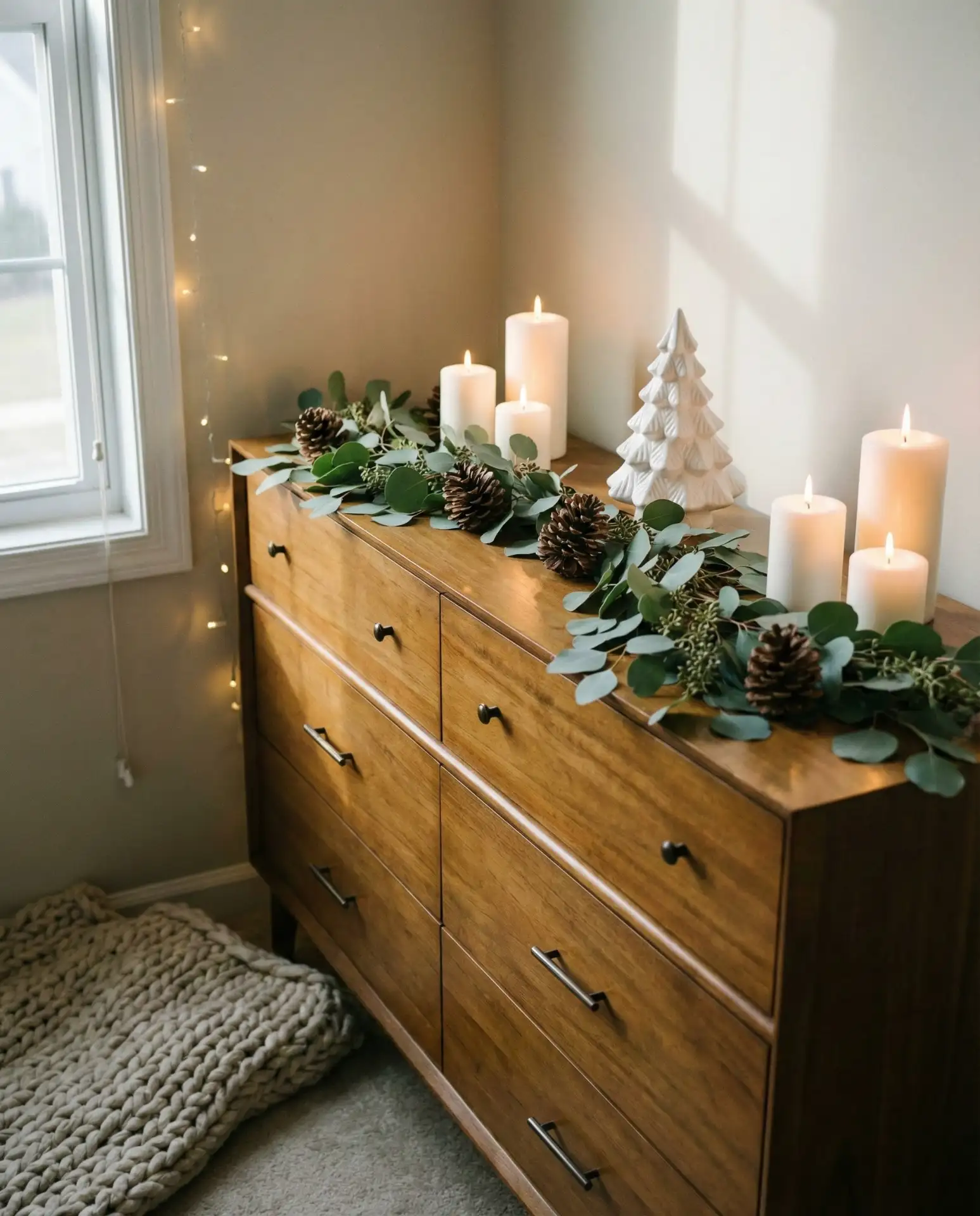 Christmas Dresser Decor with Seasonal Greenery 1