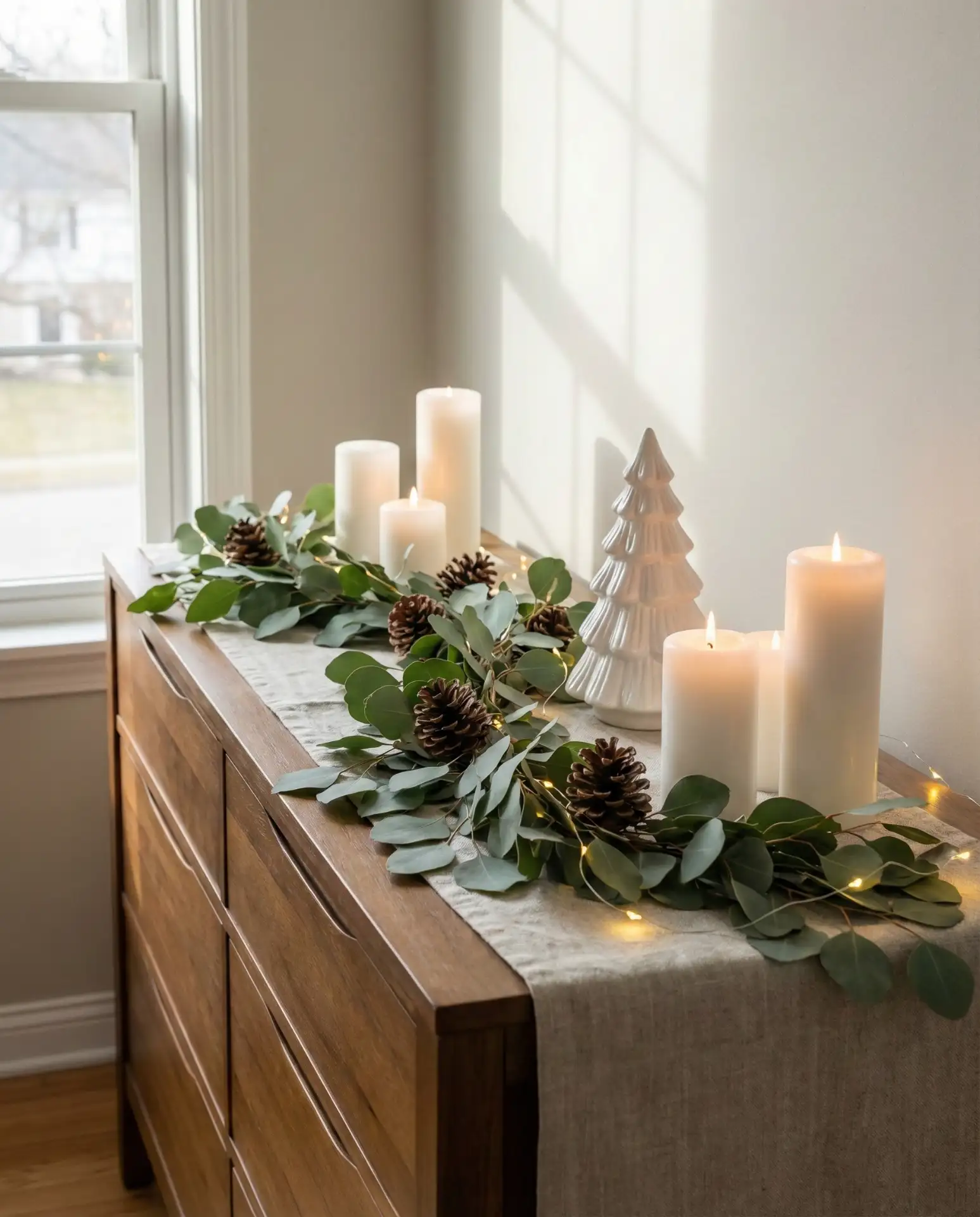 Christmas Dresser Decor with Seasonal Greenery 2