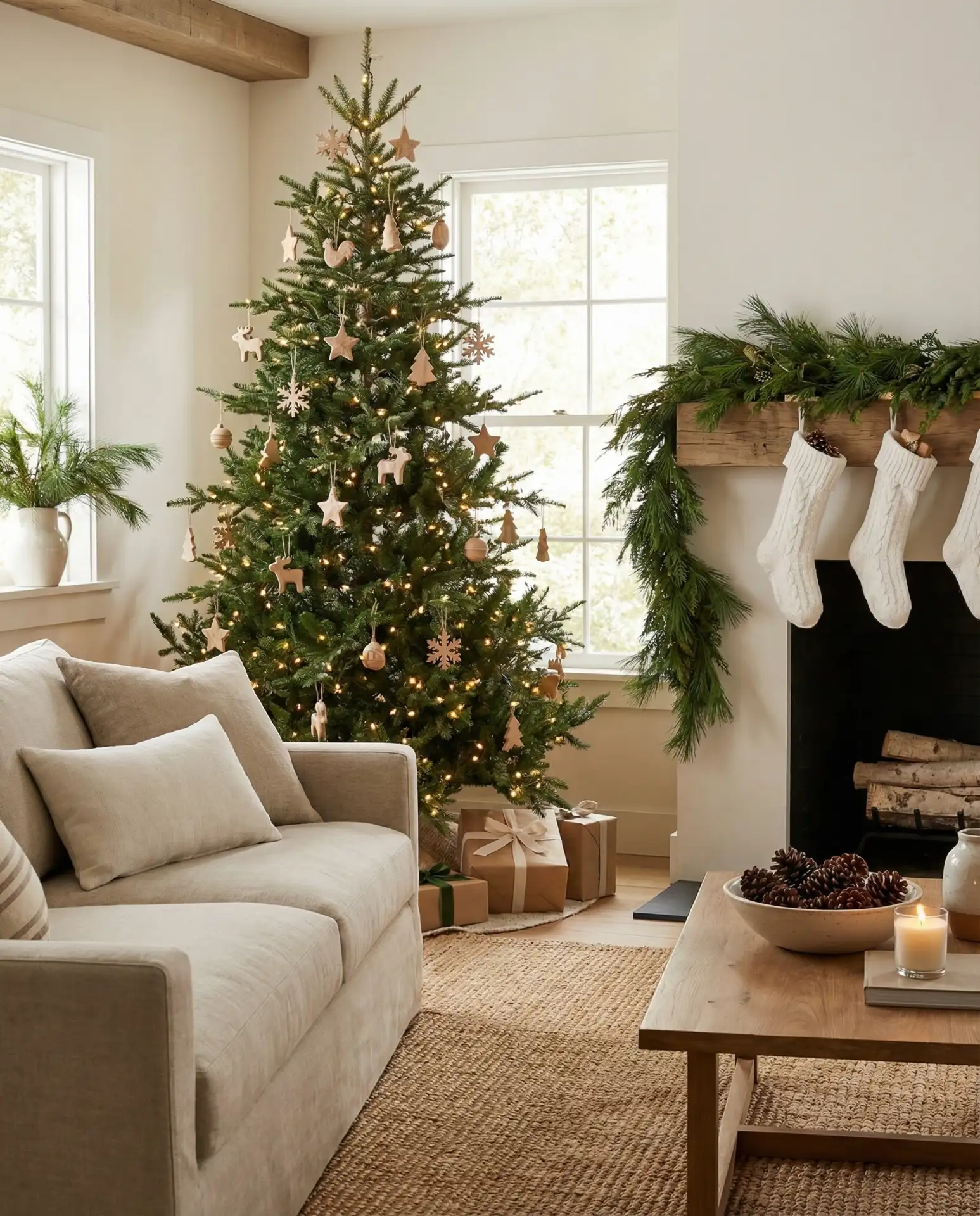 Christmas Farmhouse Decor with Natural Greenery and Simple Ornaments 2