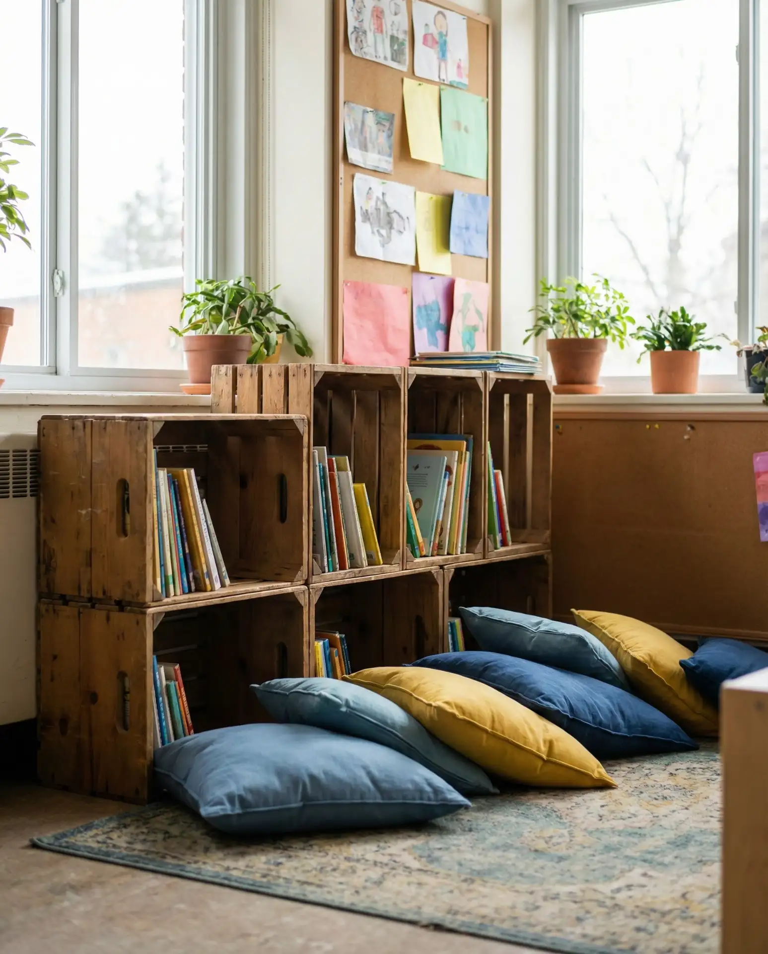 Classroom Reading Nook with Floor Pillows and Crates 1