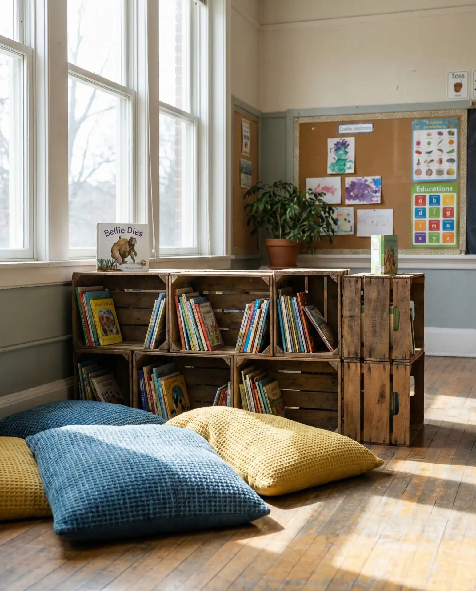 Classroom Reading Nook with Floor Pillows and Crates 2