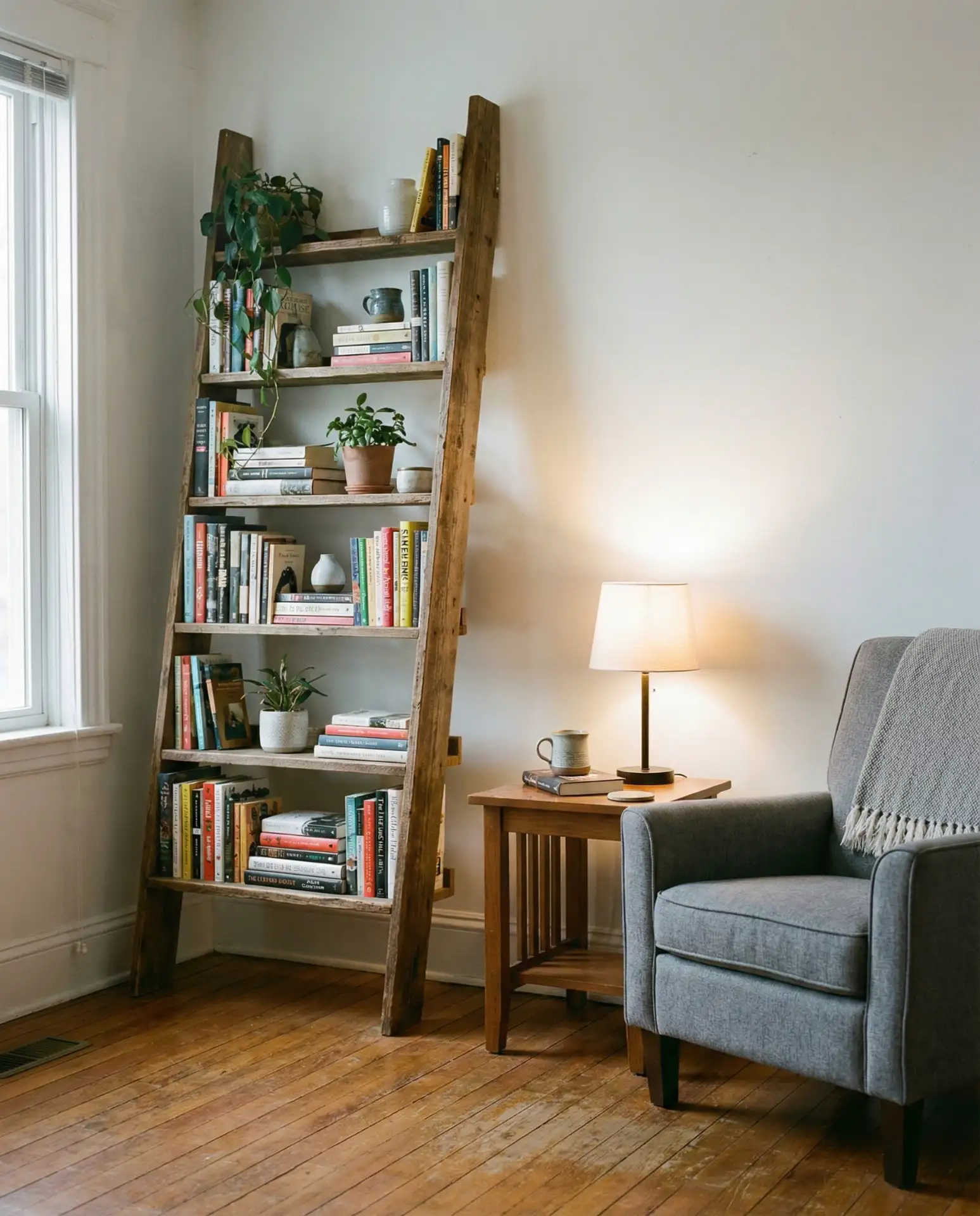 Corner Bookshelf Ladder with Cozy Chair 1