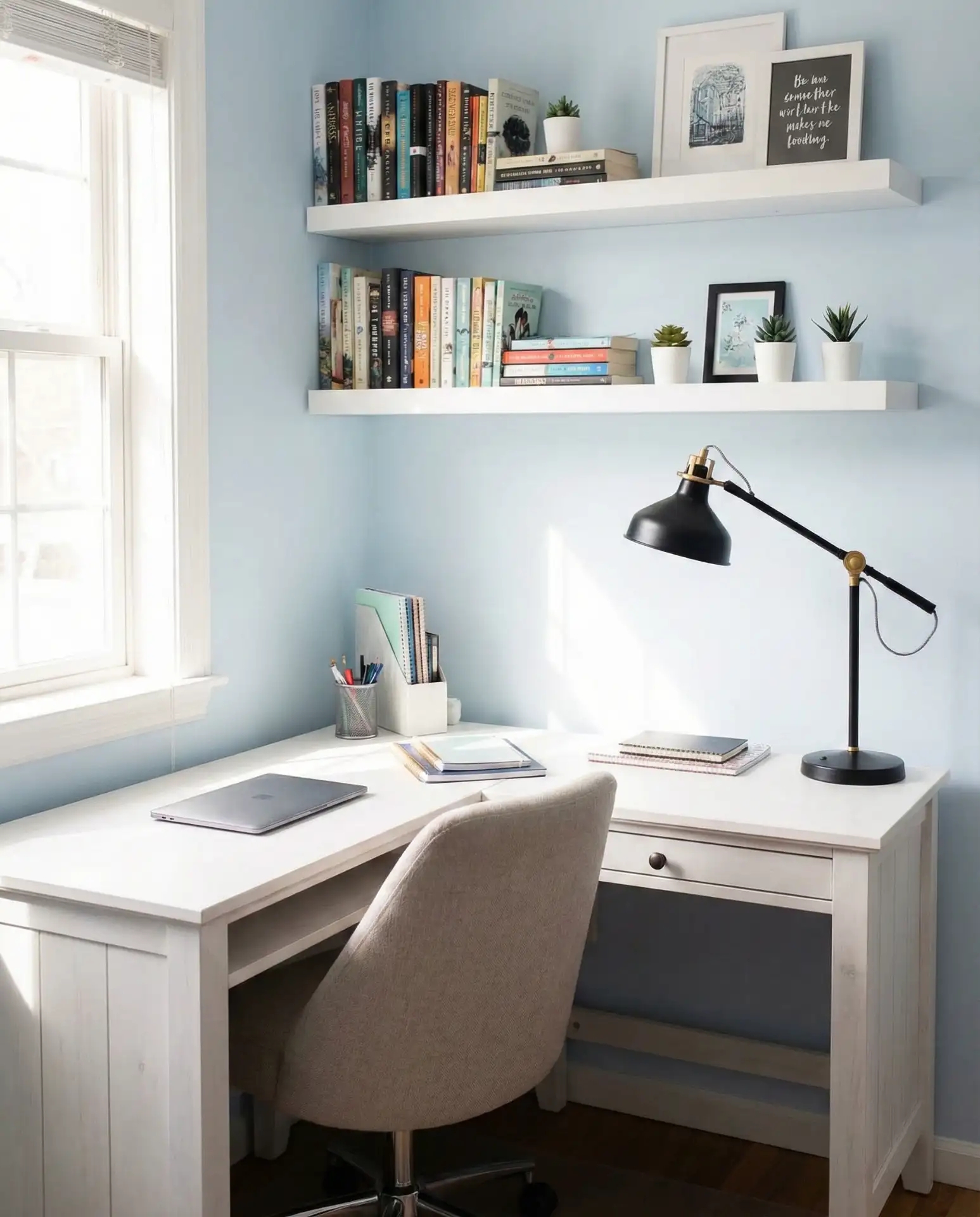 Corner Desk with Floating Shelves Above 1