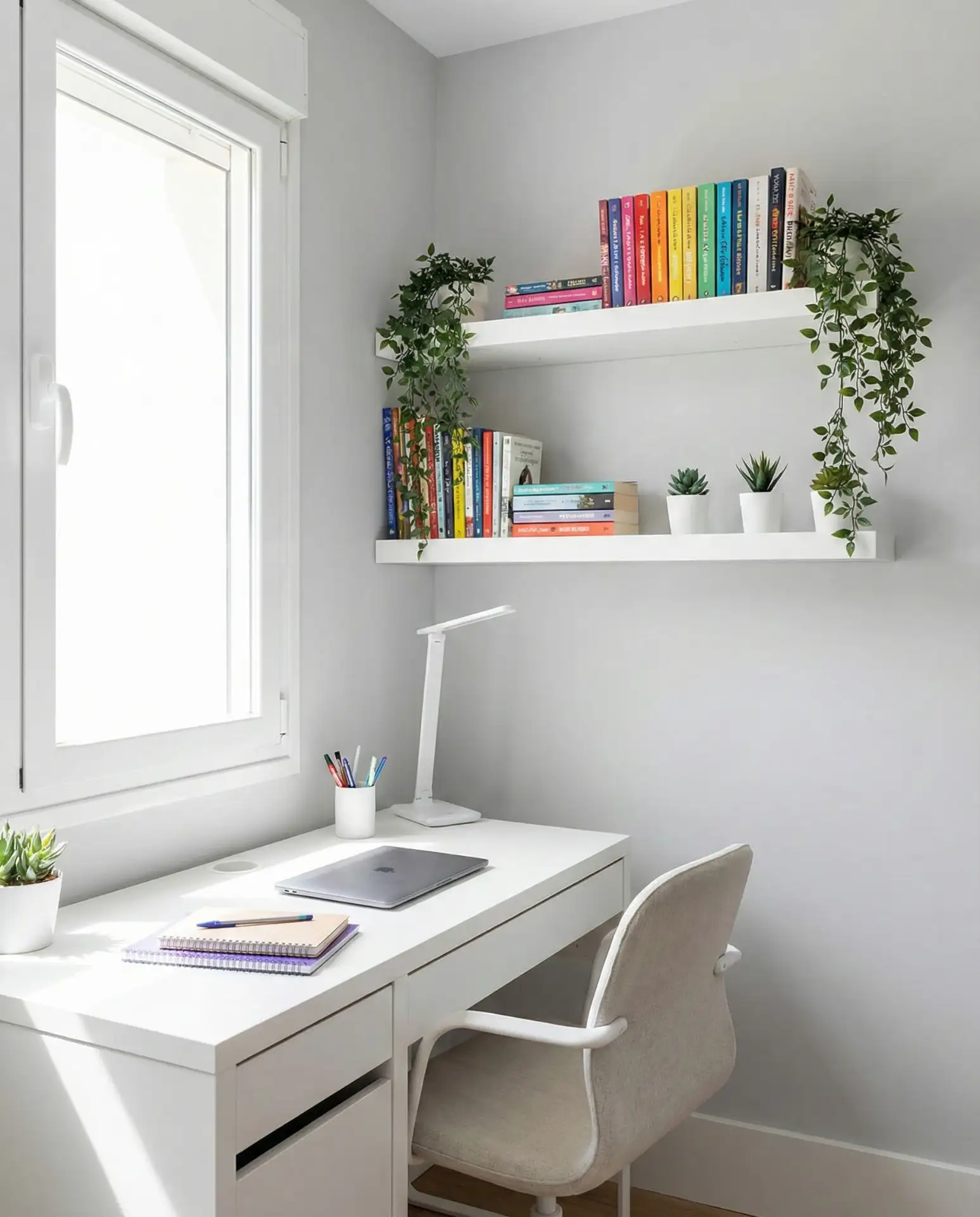 Corner Desk with Floating Shelves Above 2