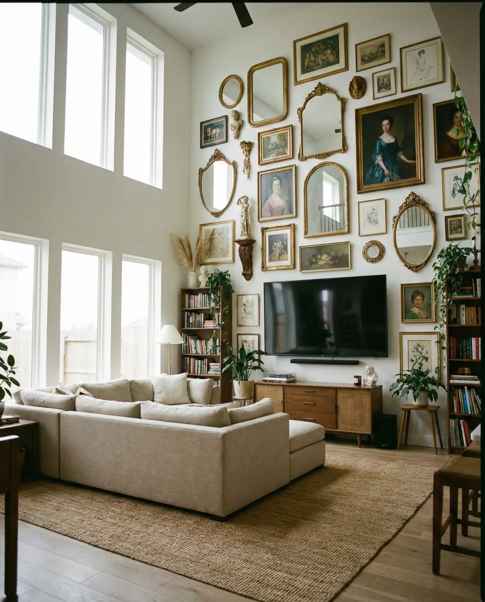 Double-Height Living Room with Gallery Wall Integration 1