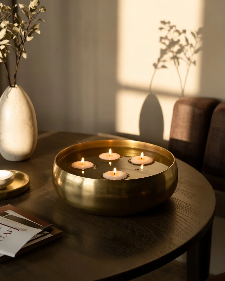 Floating Candles in Shallow Gold Bowls 1