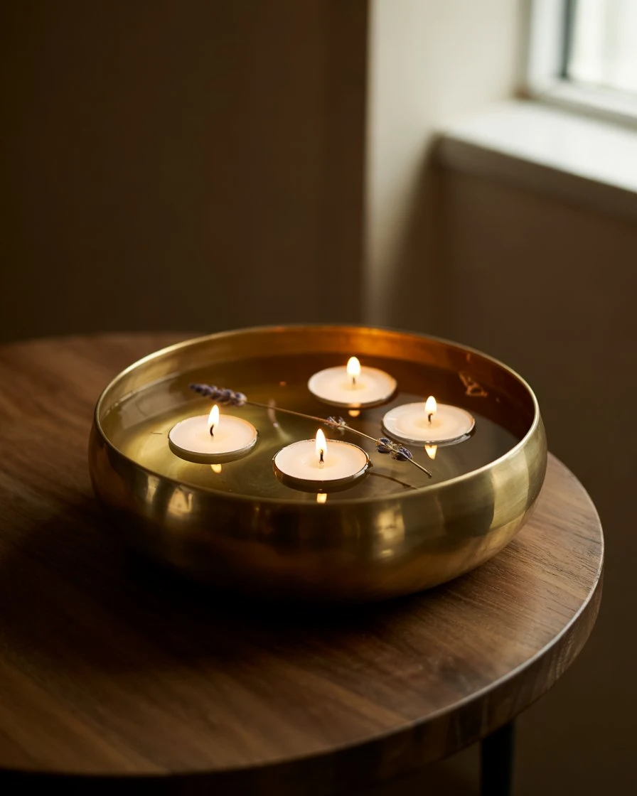 Floating Candles in Shallow Gold Bowls 2