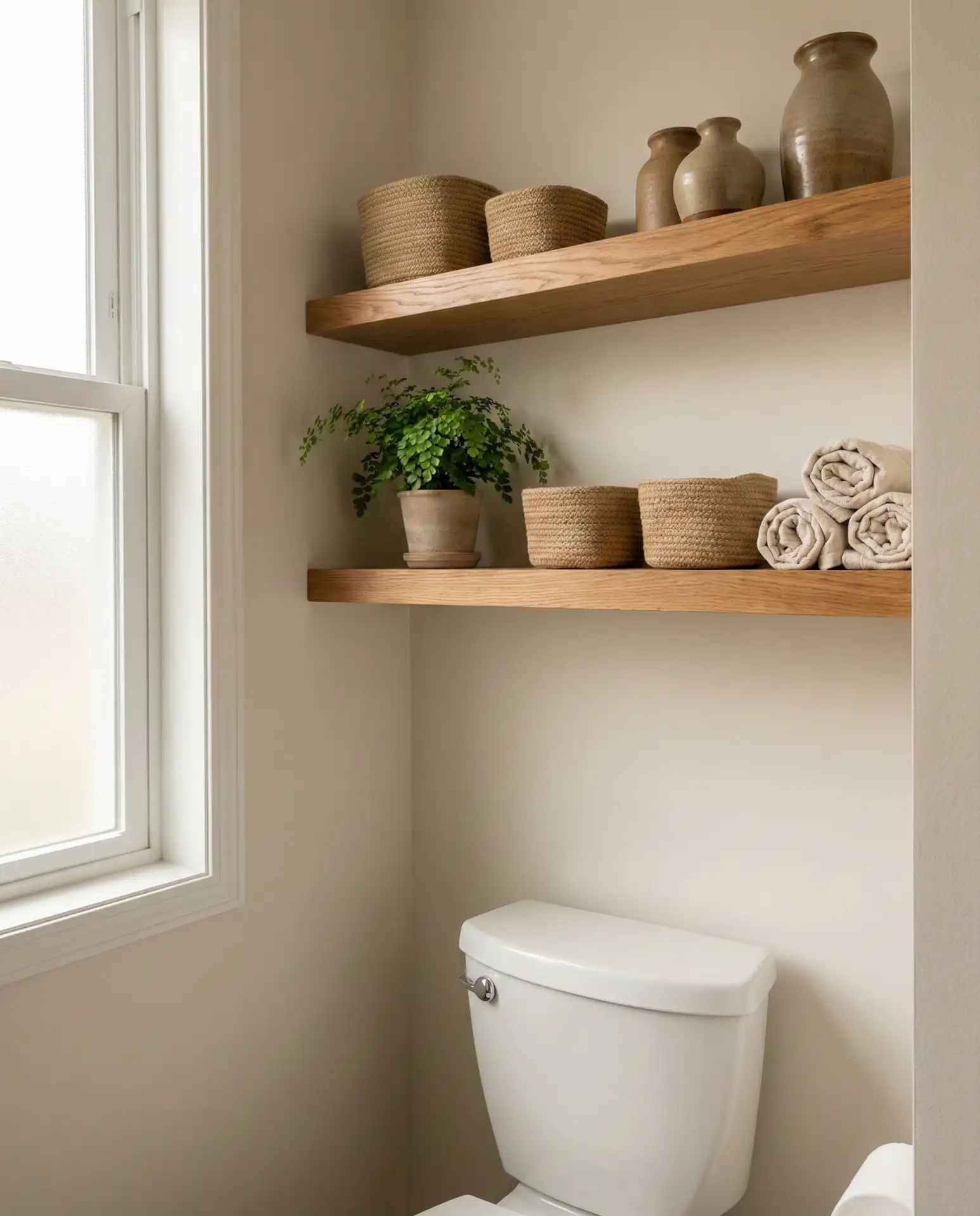 Floating Shelves Above the Toilet with Organic Textures 1