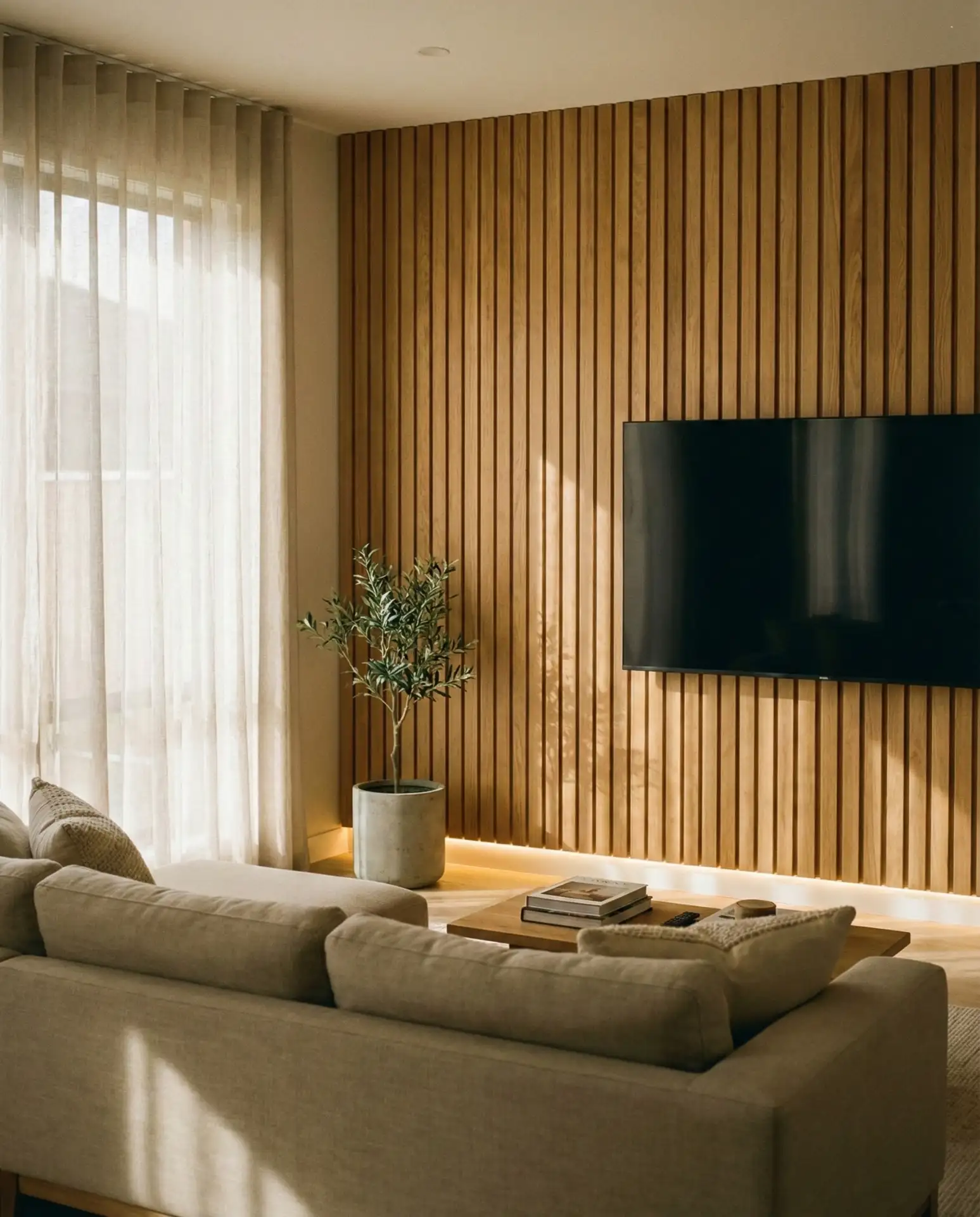 Fluted Wood Panel Backdrop with Integrated Lighting 1