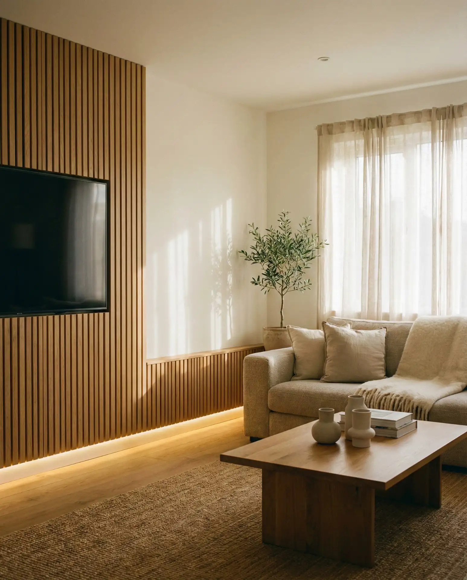 Fluted Wood Panel Backdrop with Integrated Lighting 2