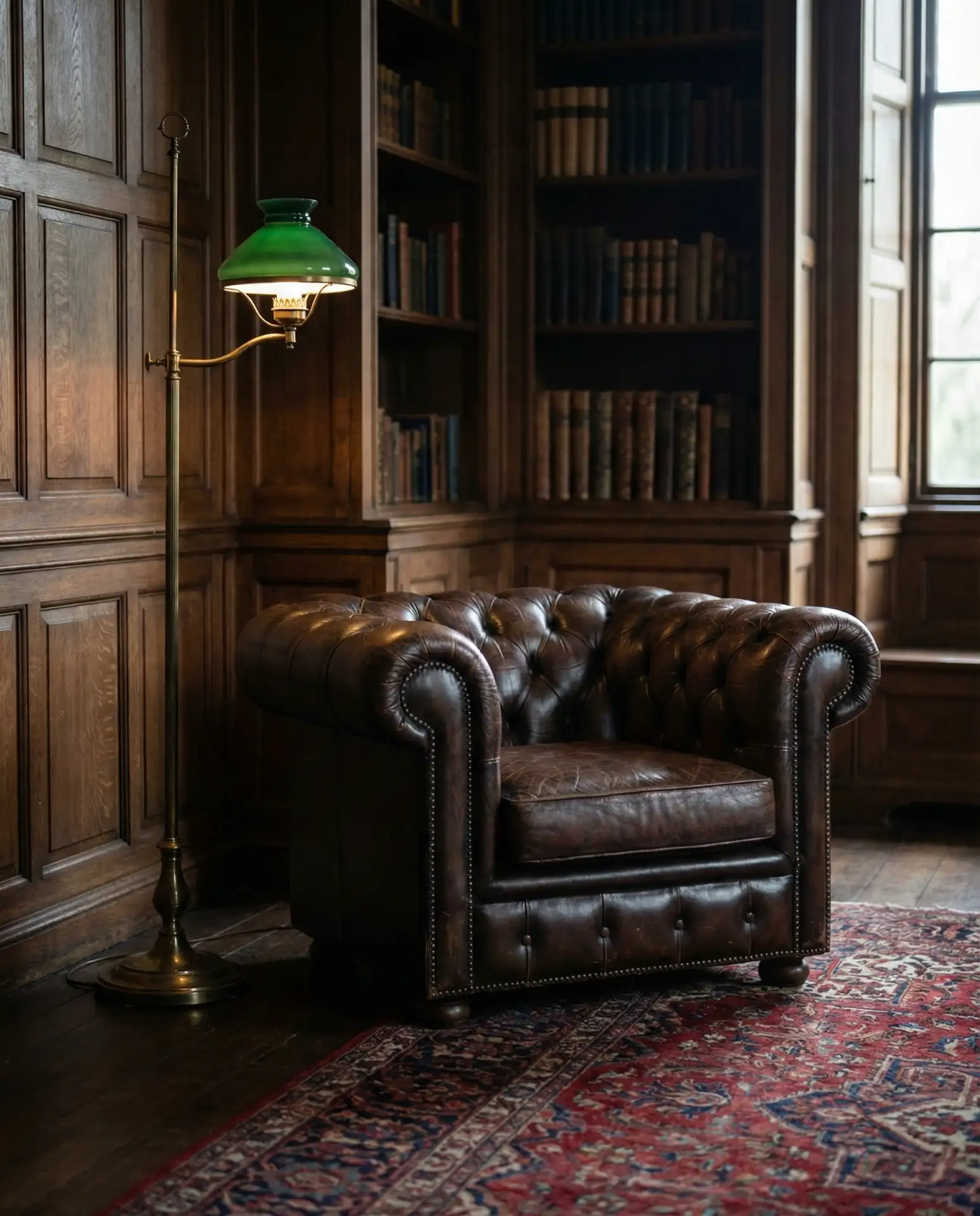 Formal Library Corner with Tufted Chesterfield and Floor Lamp 2