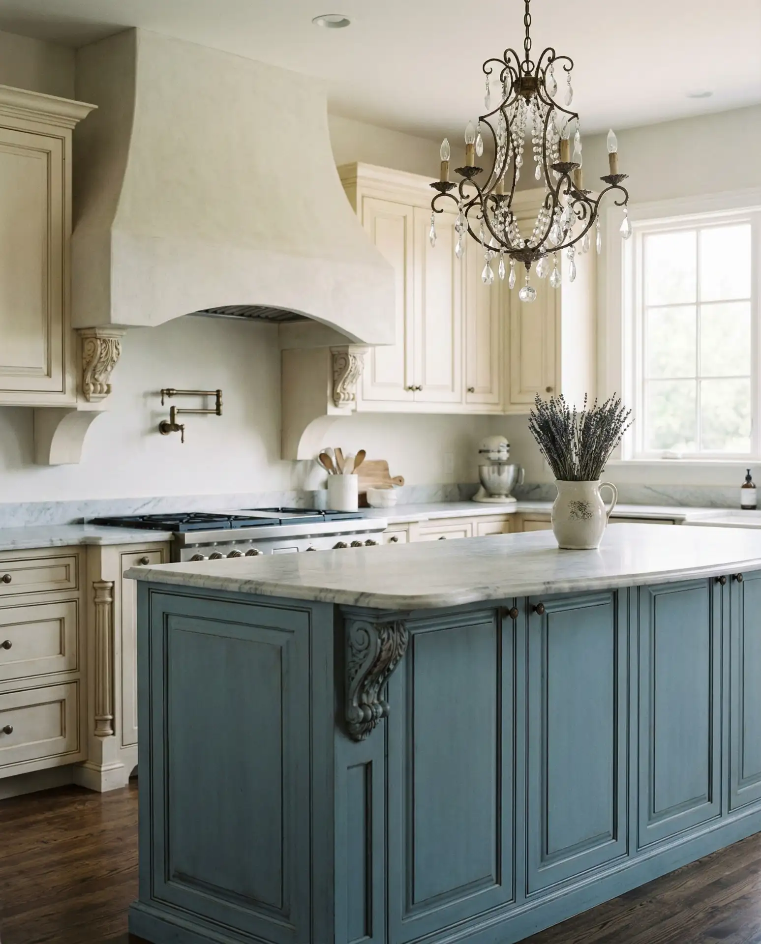 French Country Kitchen with Blue Island 1