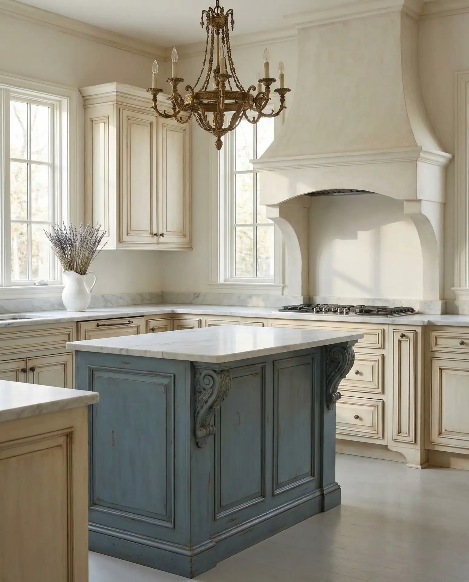 French Country Kitchen with Blue Island 2