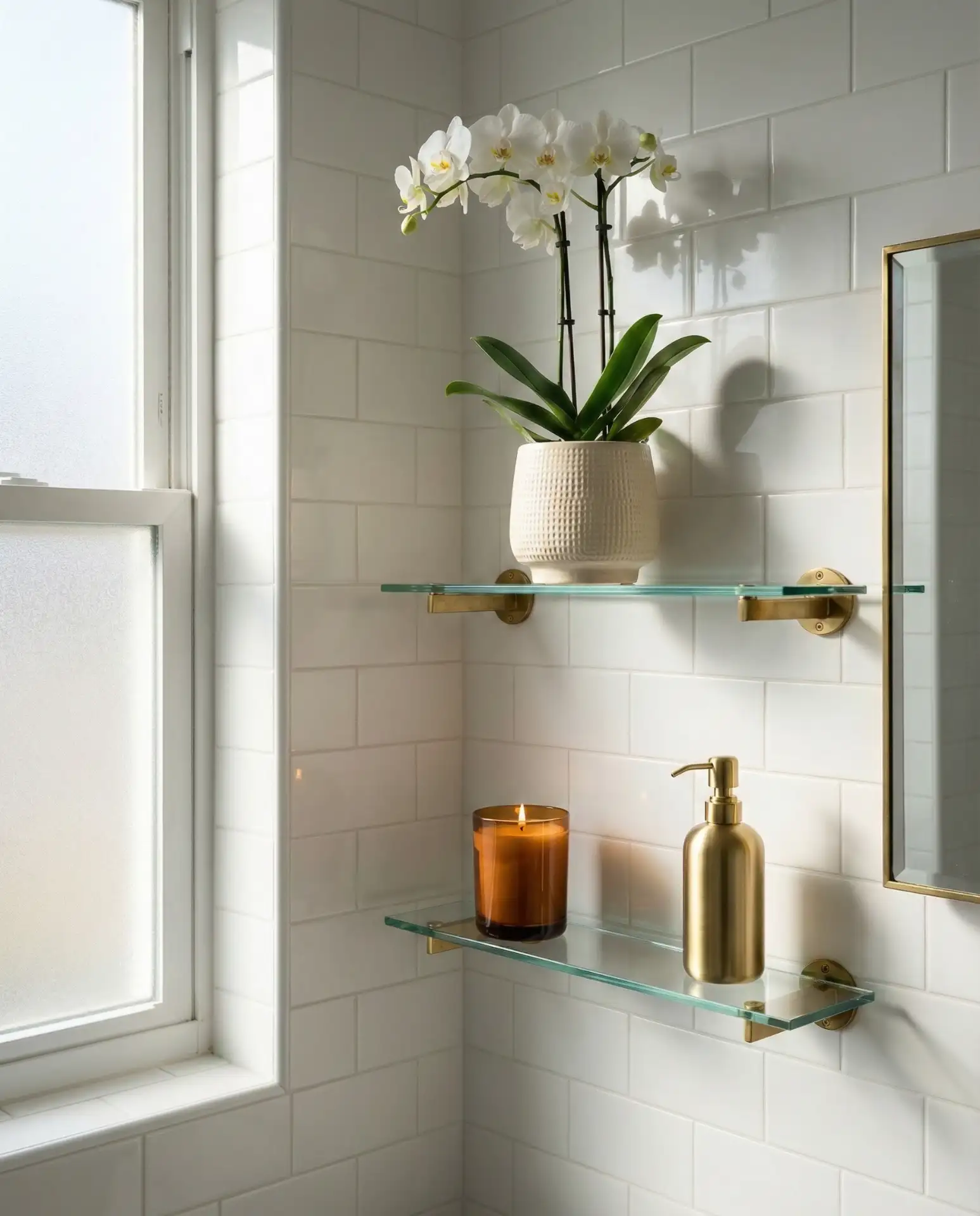 Glass Corner Shelves in Small Powder Rooms 1