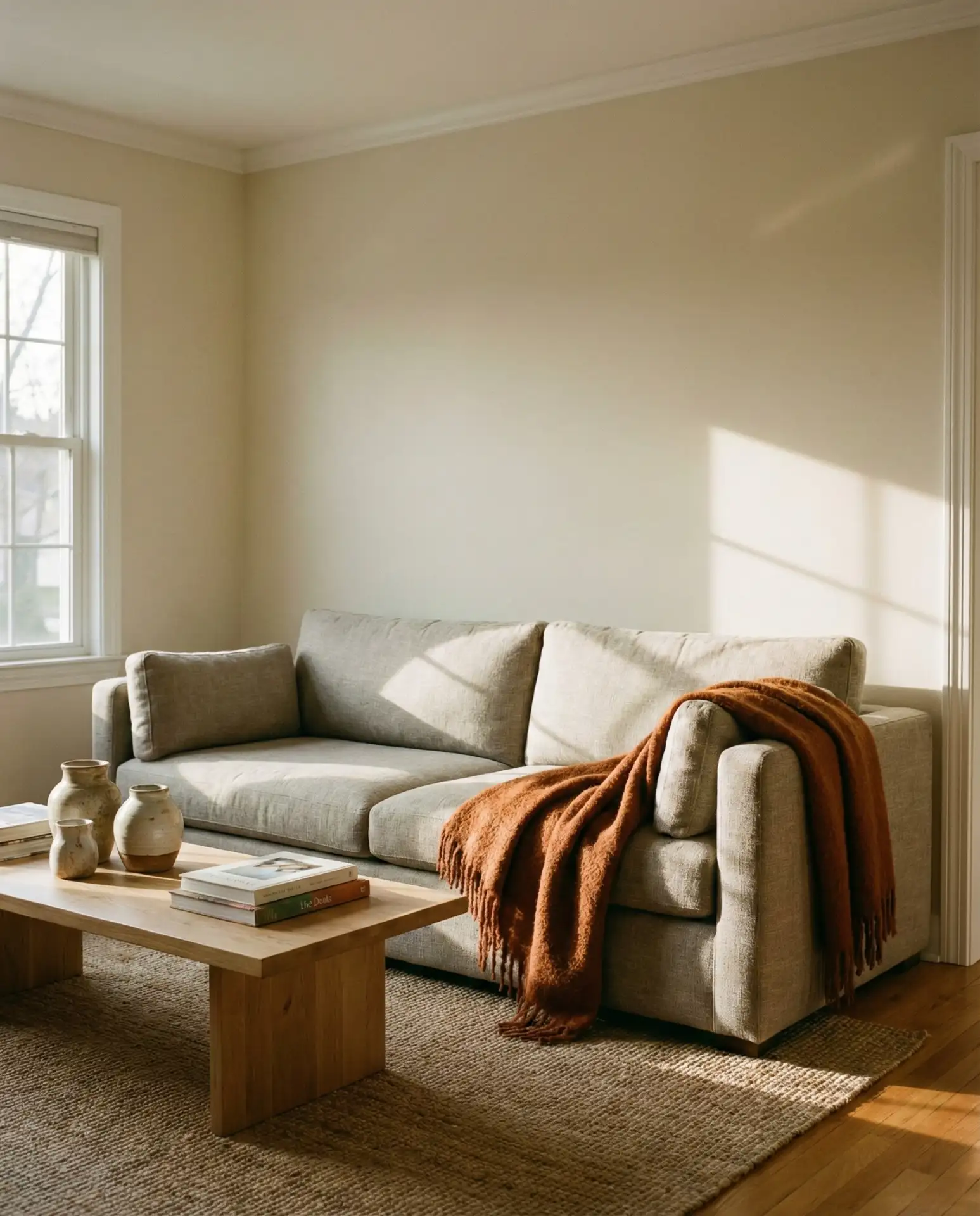 Greige Sofa with Rust Orange Throw 1