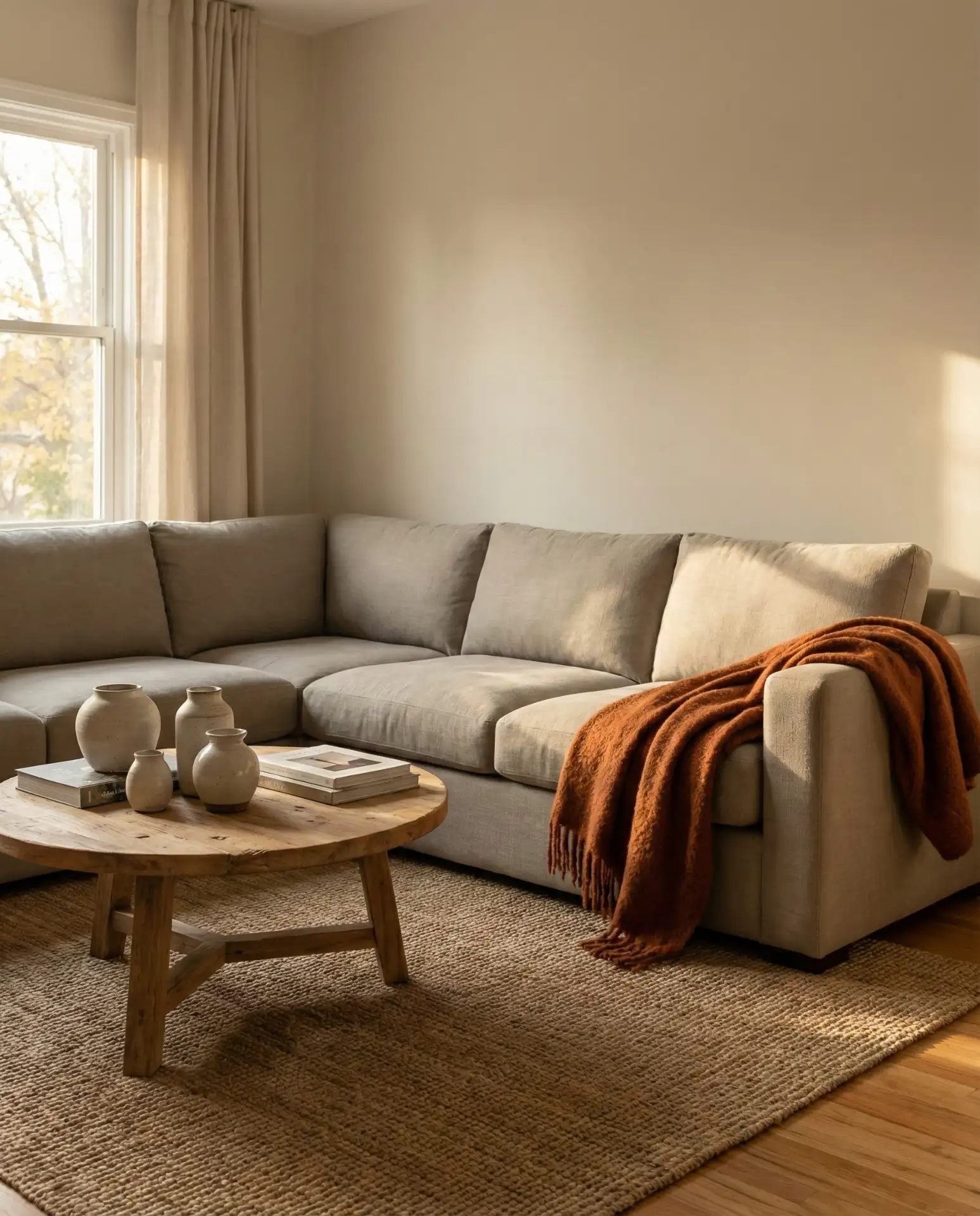 Greige Sofa with Rust Orange Throw 2