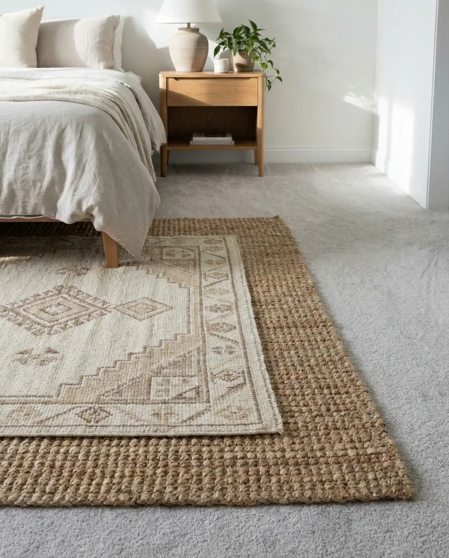 Grey Carpet with Layered Area Rugs 1