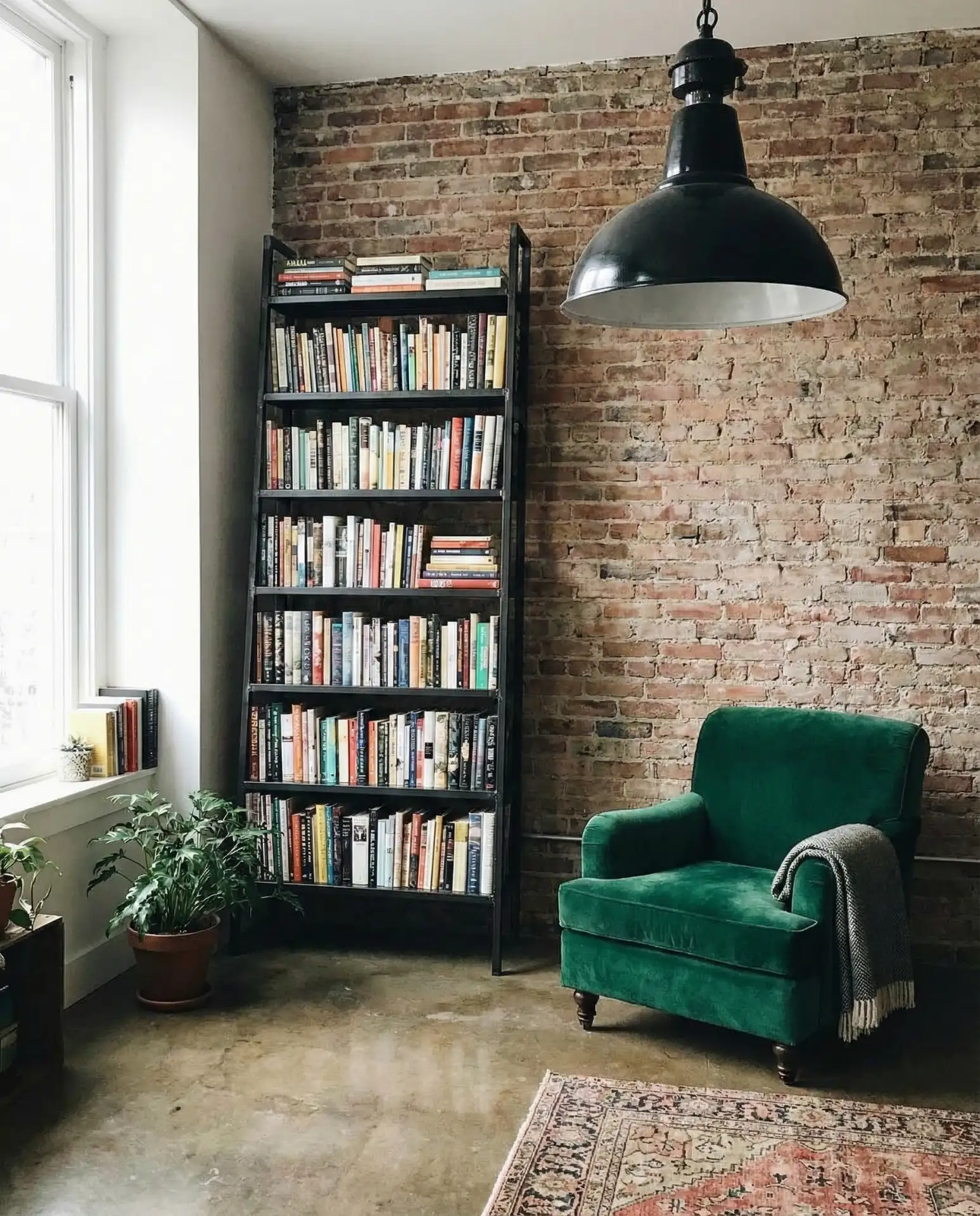 Industrial Loft Corner with Metal Shelving and Velvet Chair 1