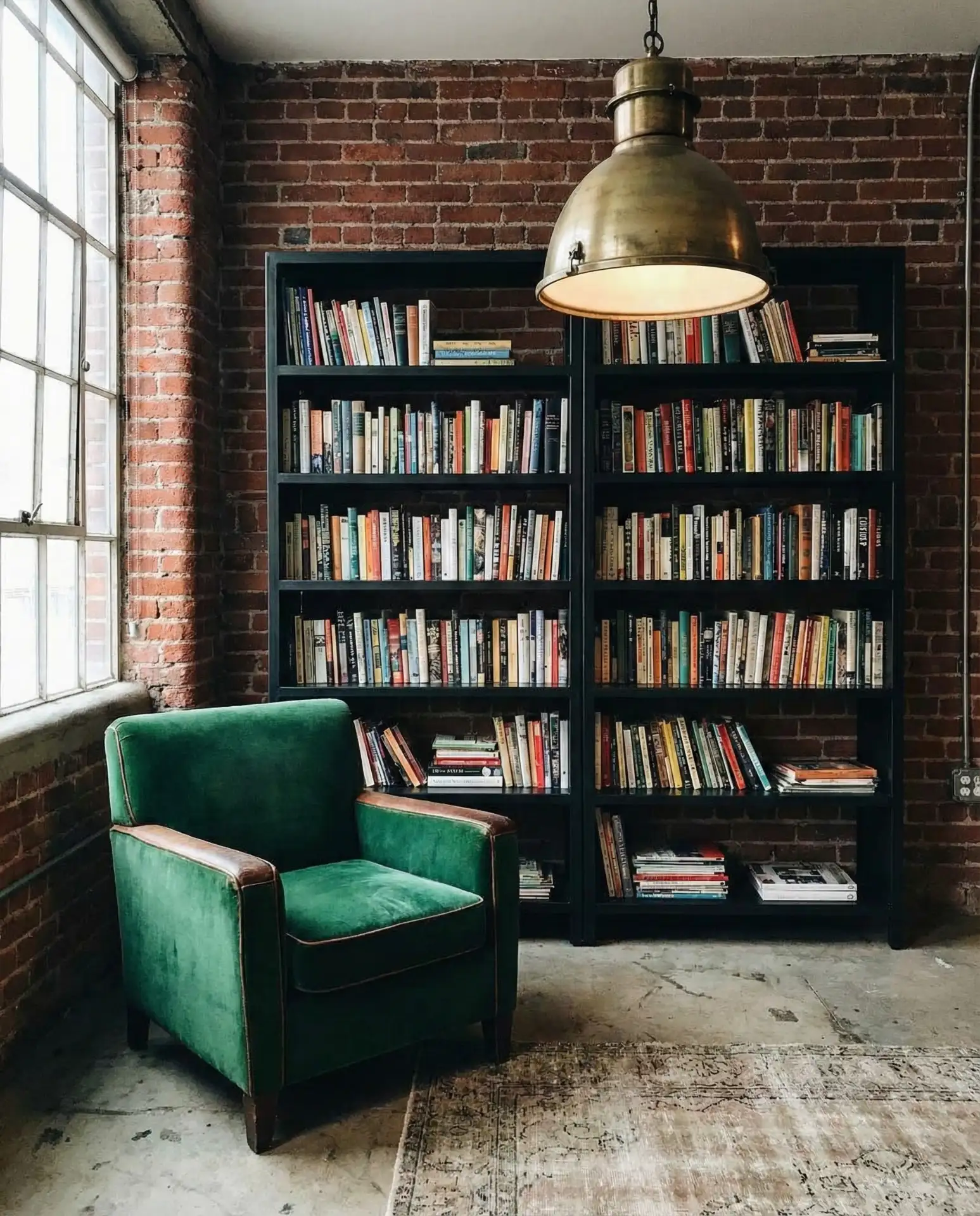 Industrial Loft Corner with Metal Shelving and Velvet Chair 2