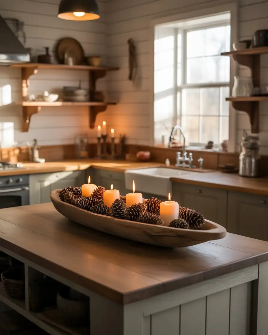 Long Wooden Dough Bowl with Seasonal Accents