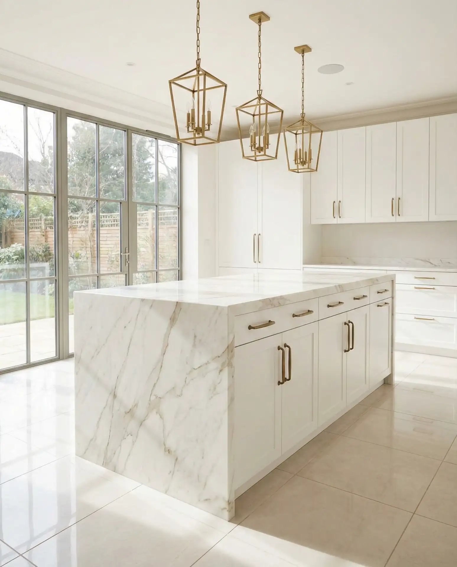 Luxury Kitchen with Marble Waterfall Island 1