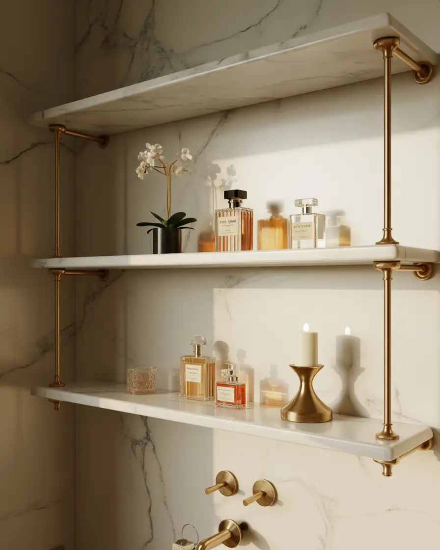 Modern Luxury Shelving with Brass and Marble Accents 1