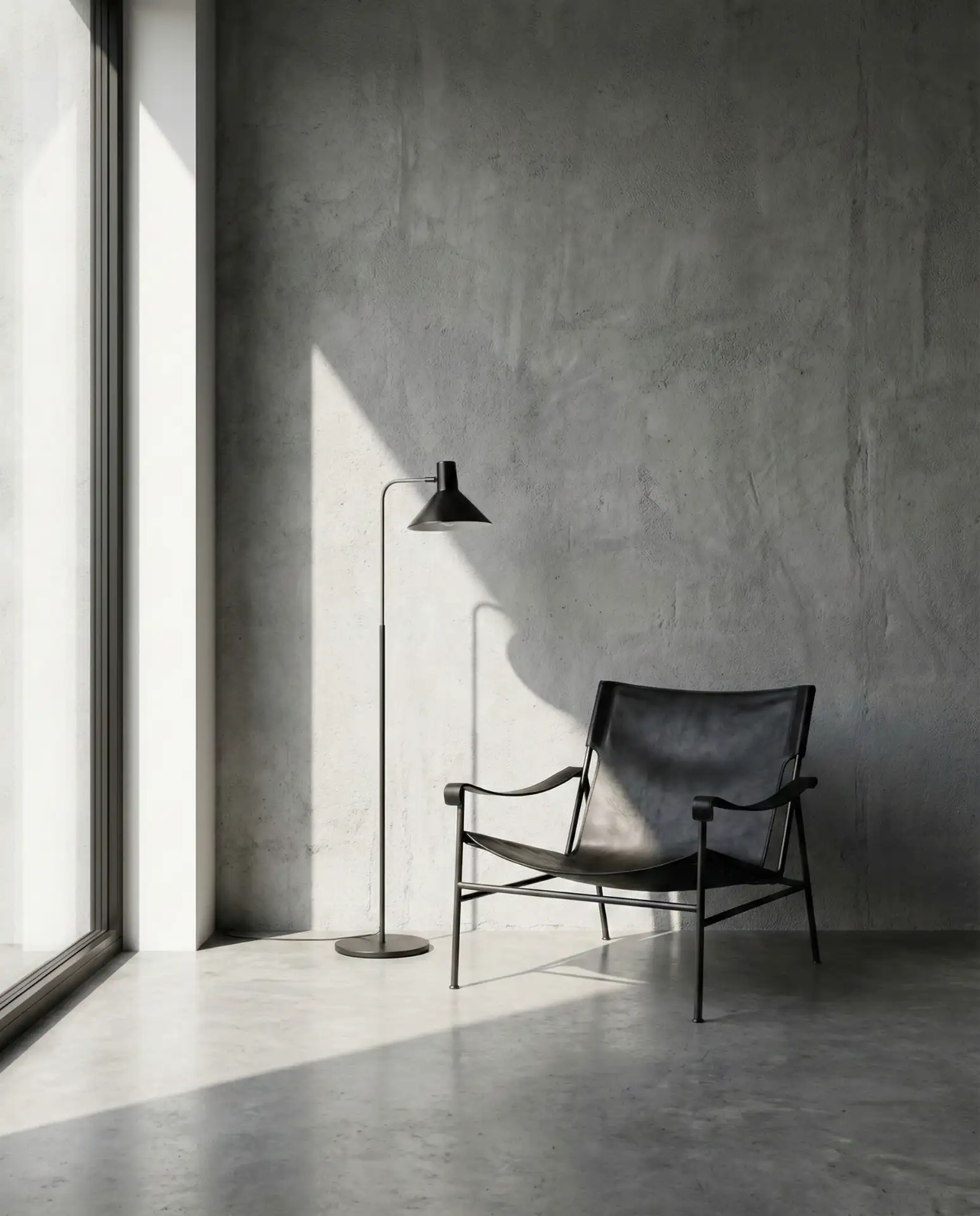 Modern Minimalist Nook with Concrete Accent and Leather Sling Chair 1