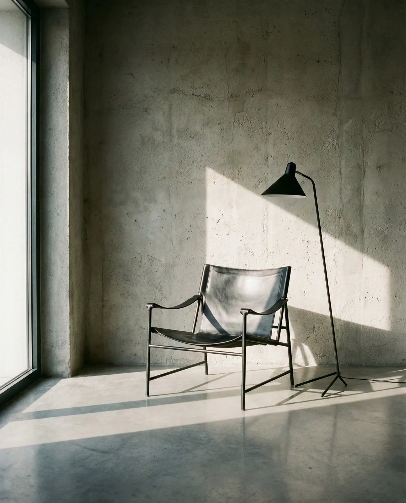 Modern Minimalist Nook with Concrete Accent and Leather Sling Chair 2