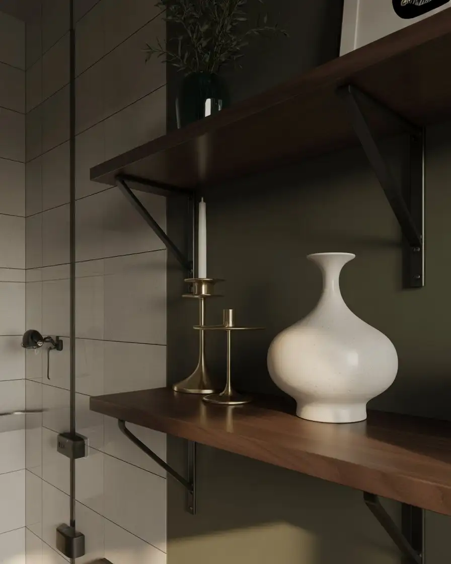 Moody Bathroom Shelving with Dark Wood and Metal 1