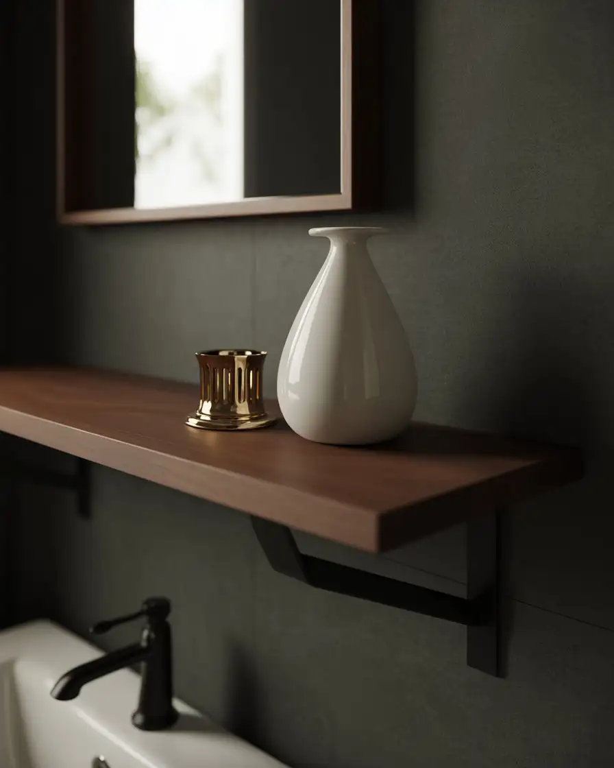 Moody Bathroom Shelving with Dark Wood and Metal 2