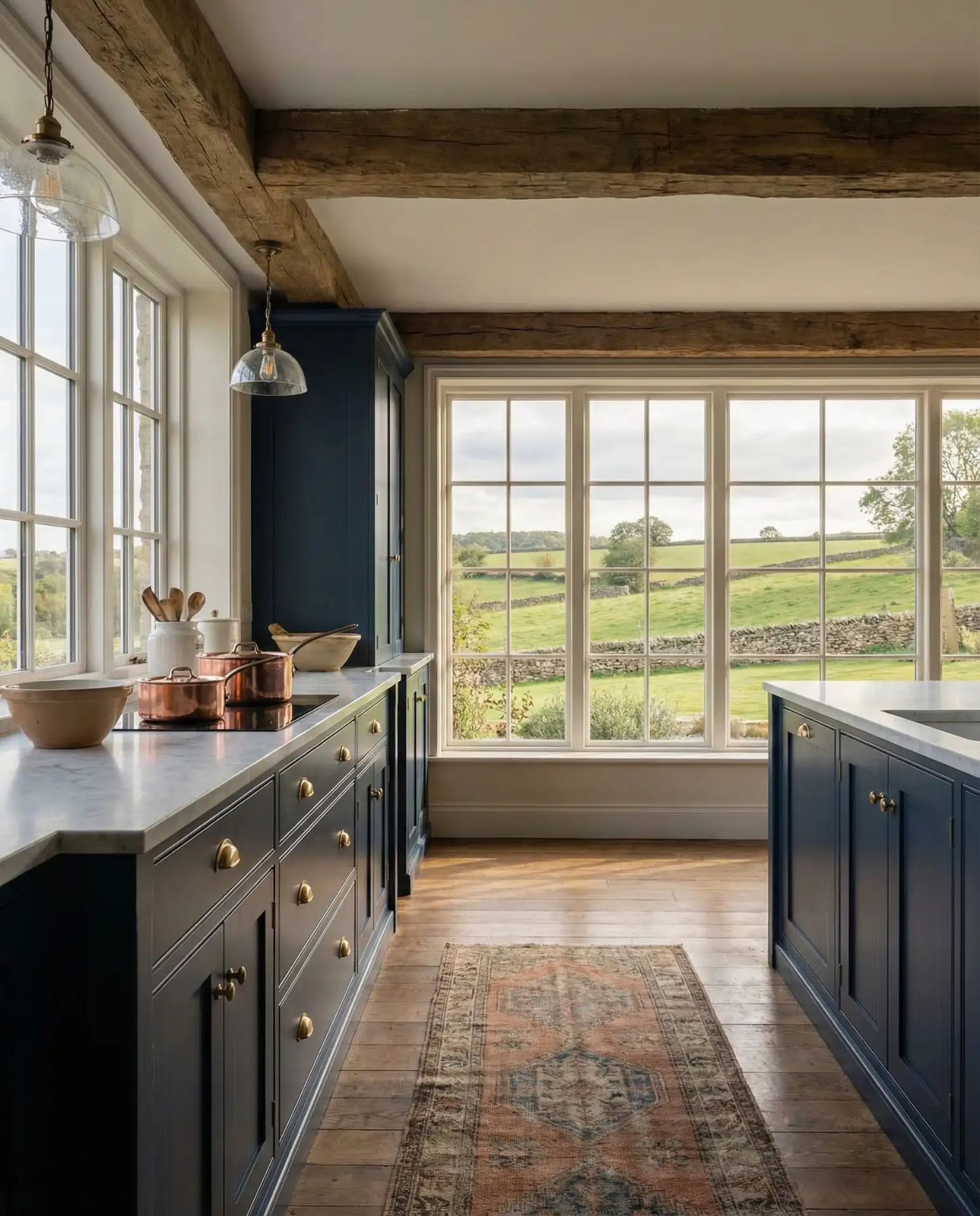 Moody Blue Cabinets with Brass Accents 1