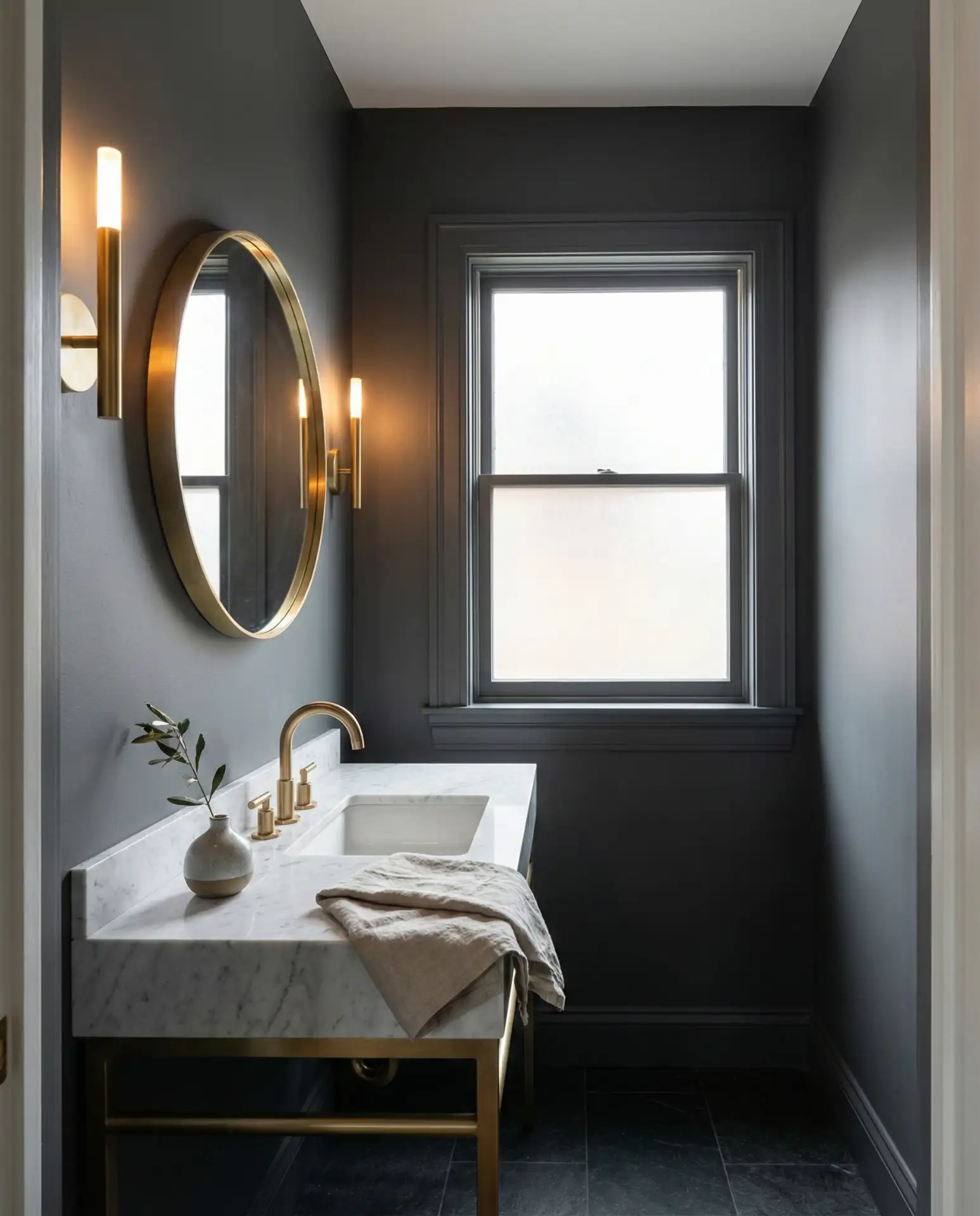 Moody Charcoal Walls with Brass Accents 1