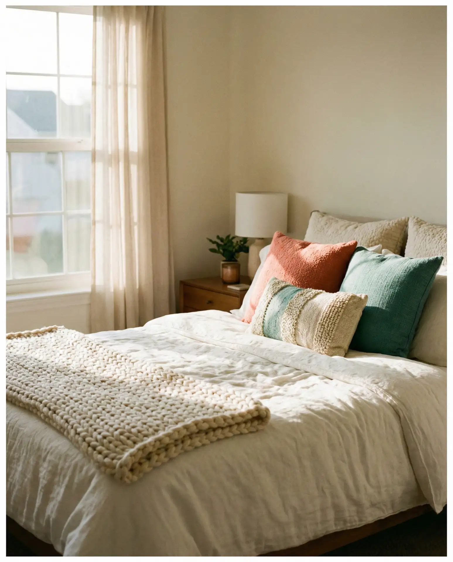 Neutral Bedding with Colorful Throw Pillows 1