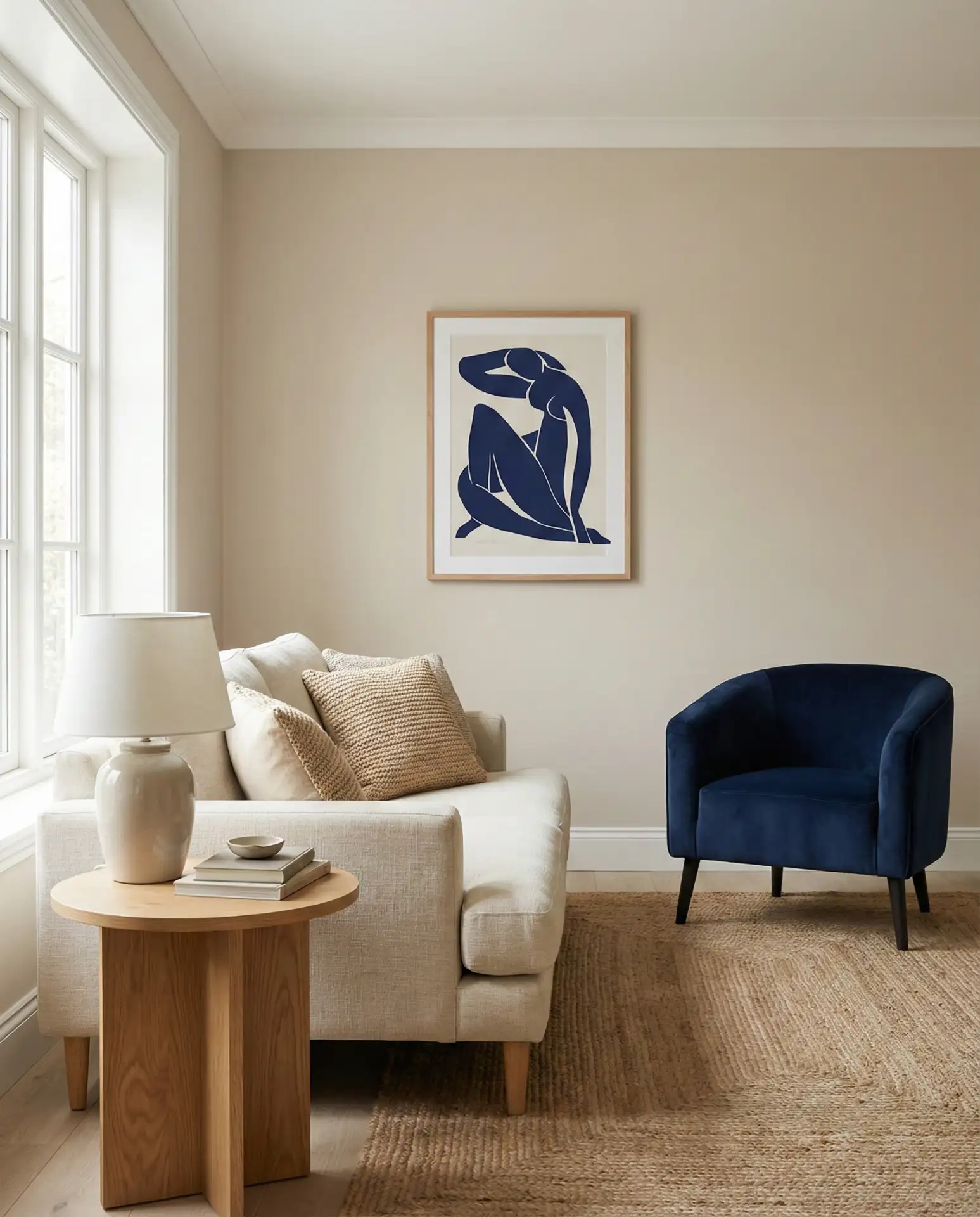 Neutral Palette with Deep Blue Accent Chair 1