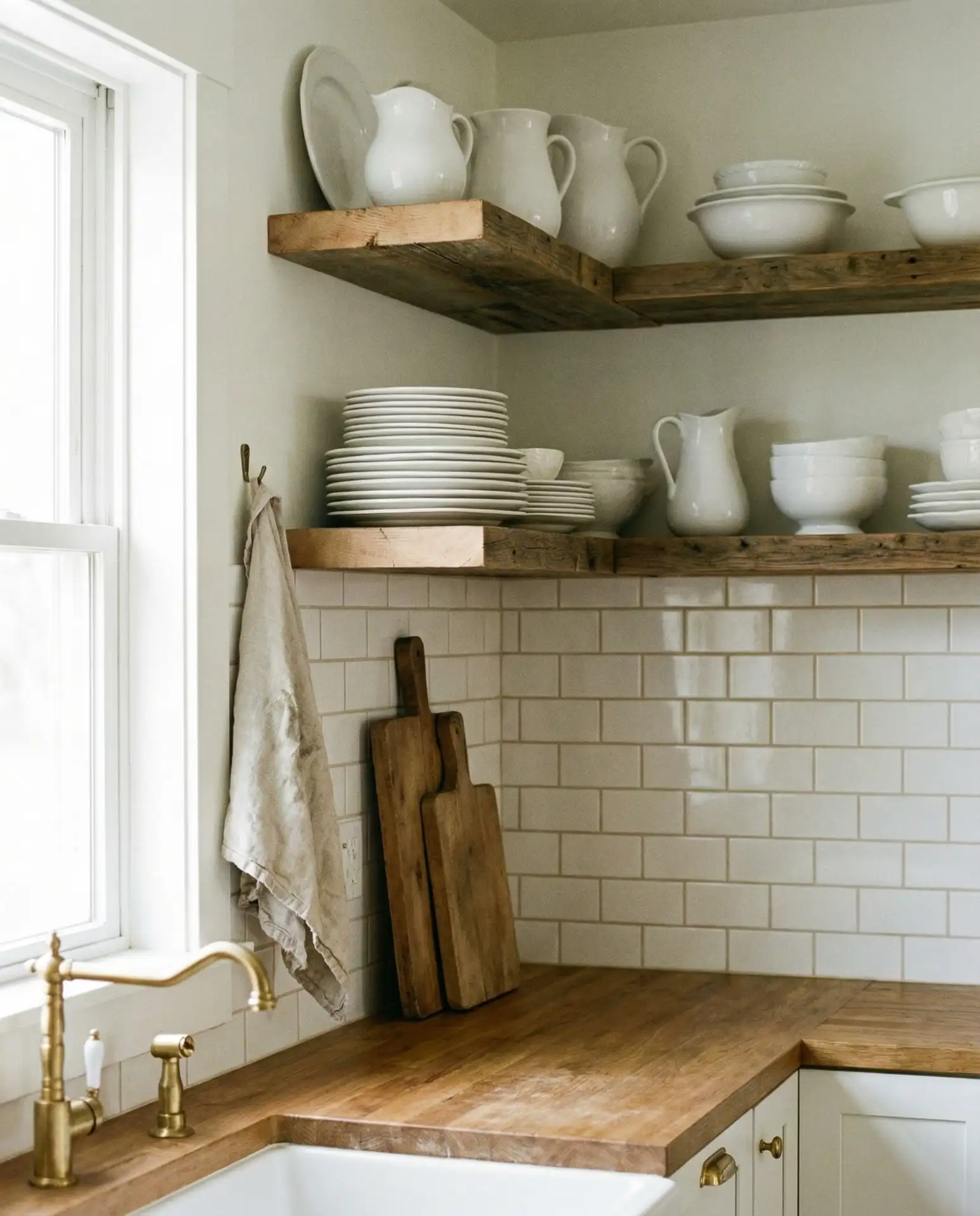 Open Shelving with Ironstone and Wooden Cutting Boards 1
