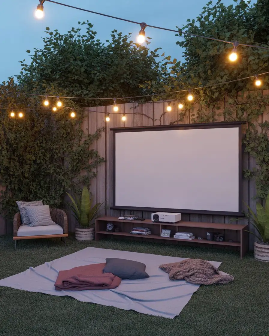 Outdoor Movie Screen with String Lights 1