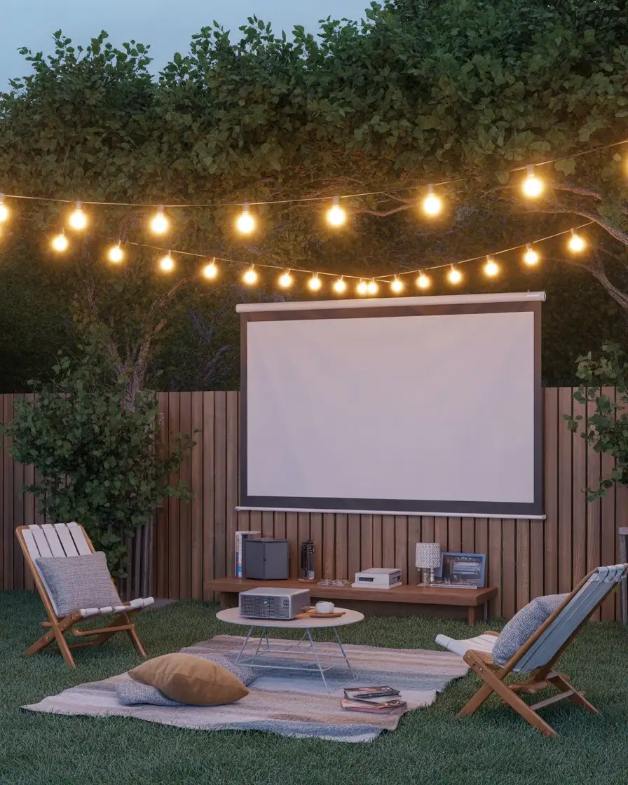 Outdoor Movie Screen with String Lights 2