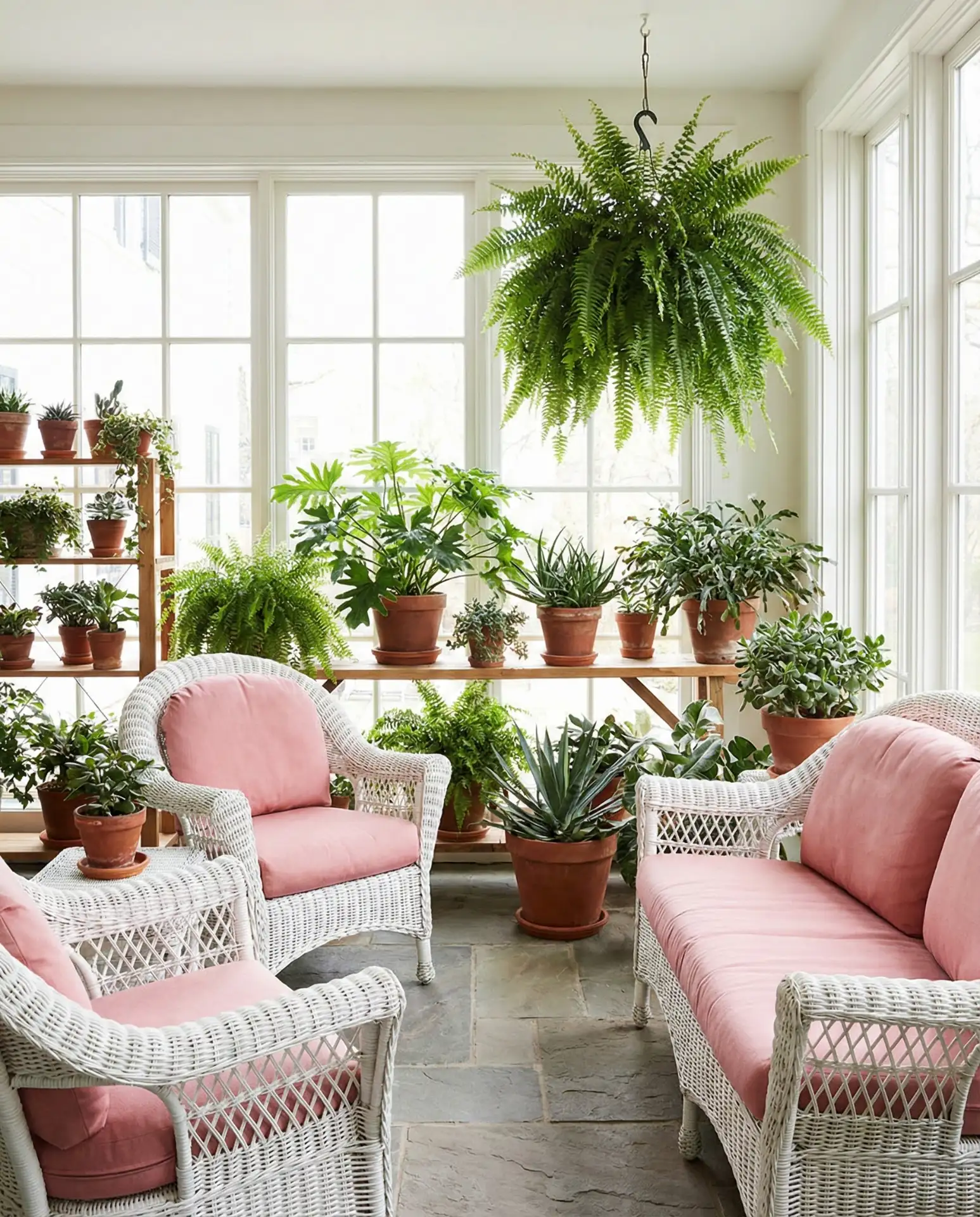 Pink and Green Plant-Filled Sunroom 1