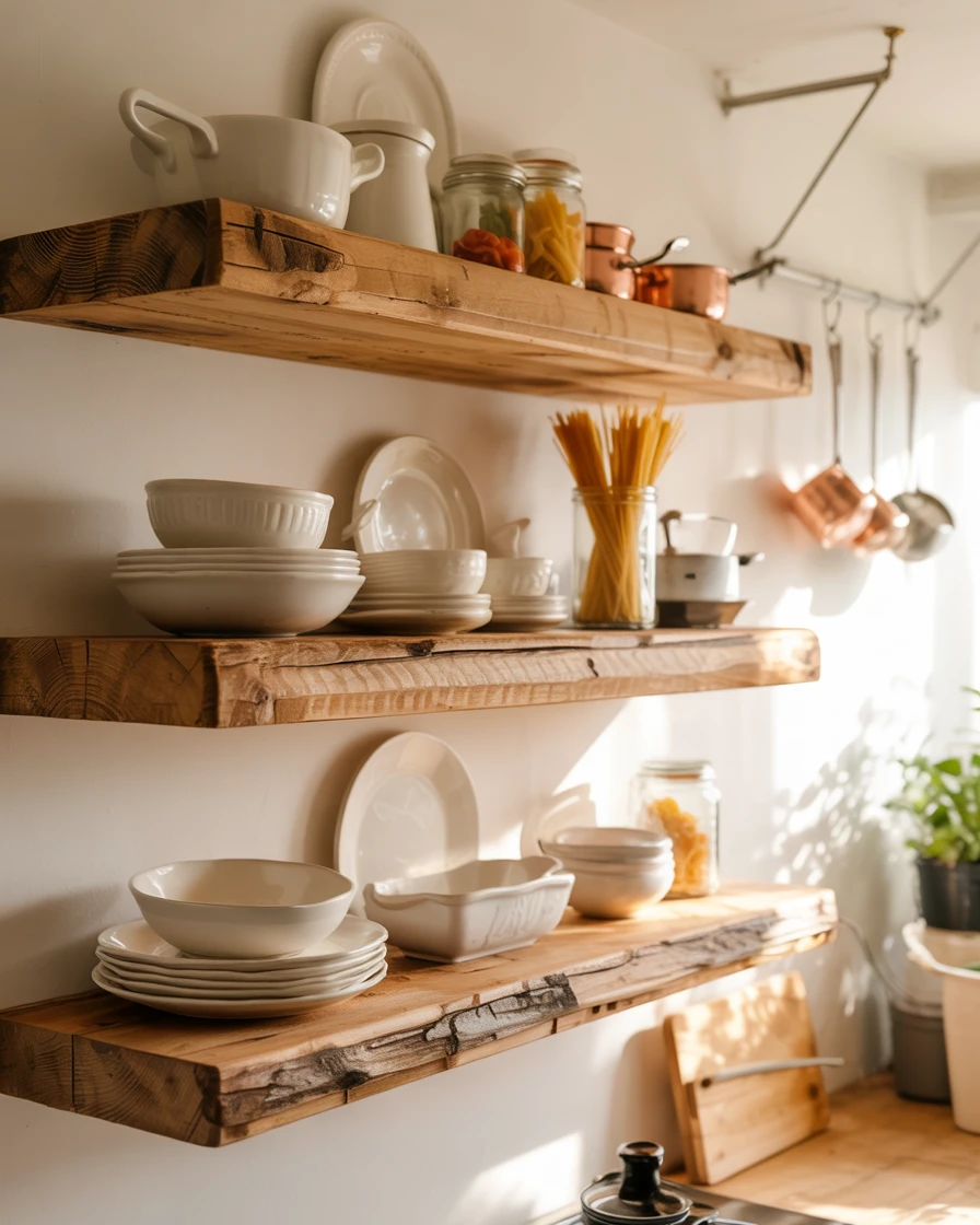 Rustic Open Kitchen Shelving with Everyday Dishes 1