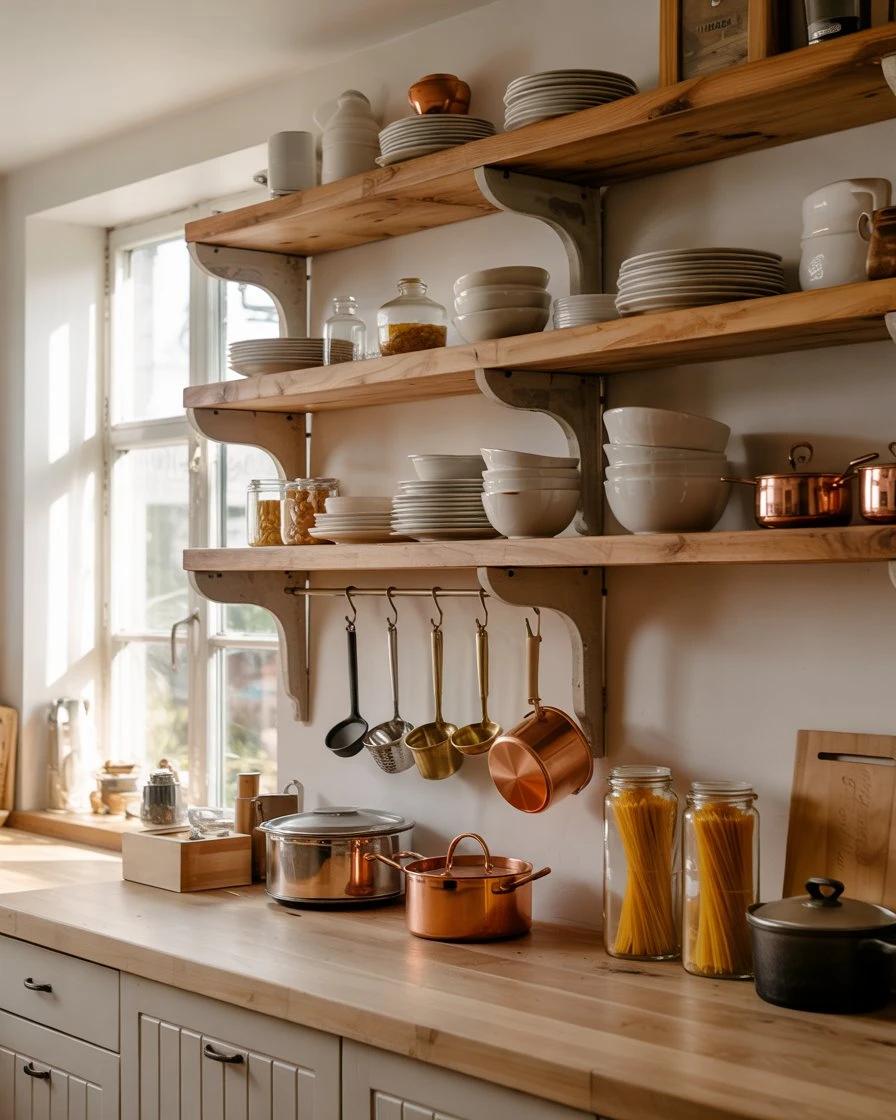 Rustic Open Kitchen Shelving with Everyday Dishes 2