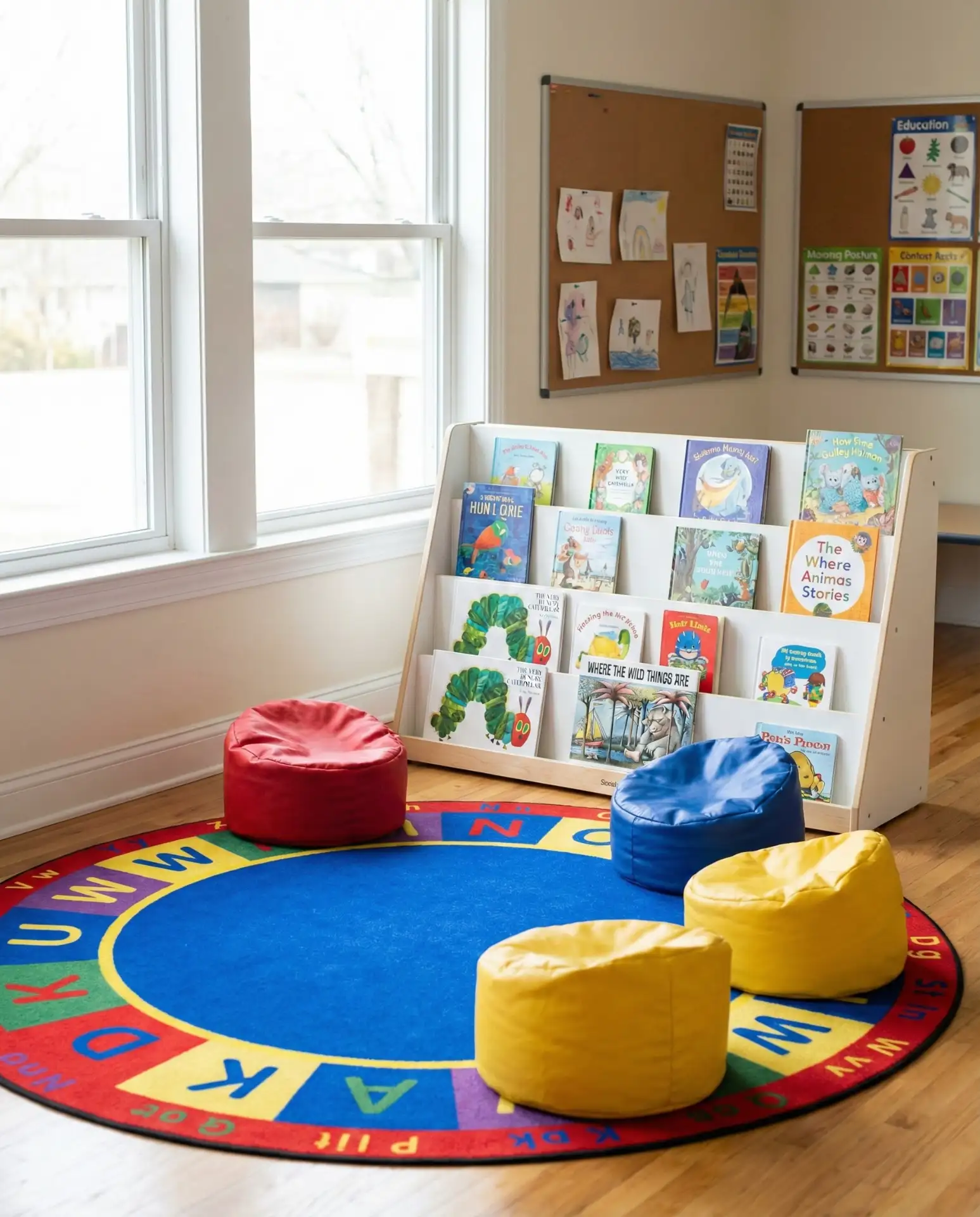 School Reading Corner with Alphabet Rug and Low Shelves 1