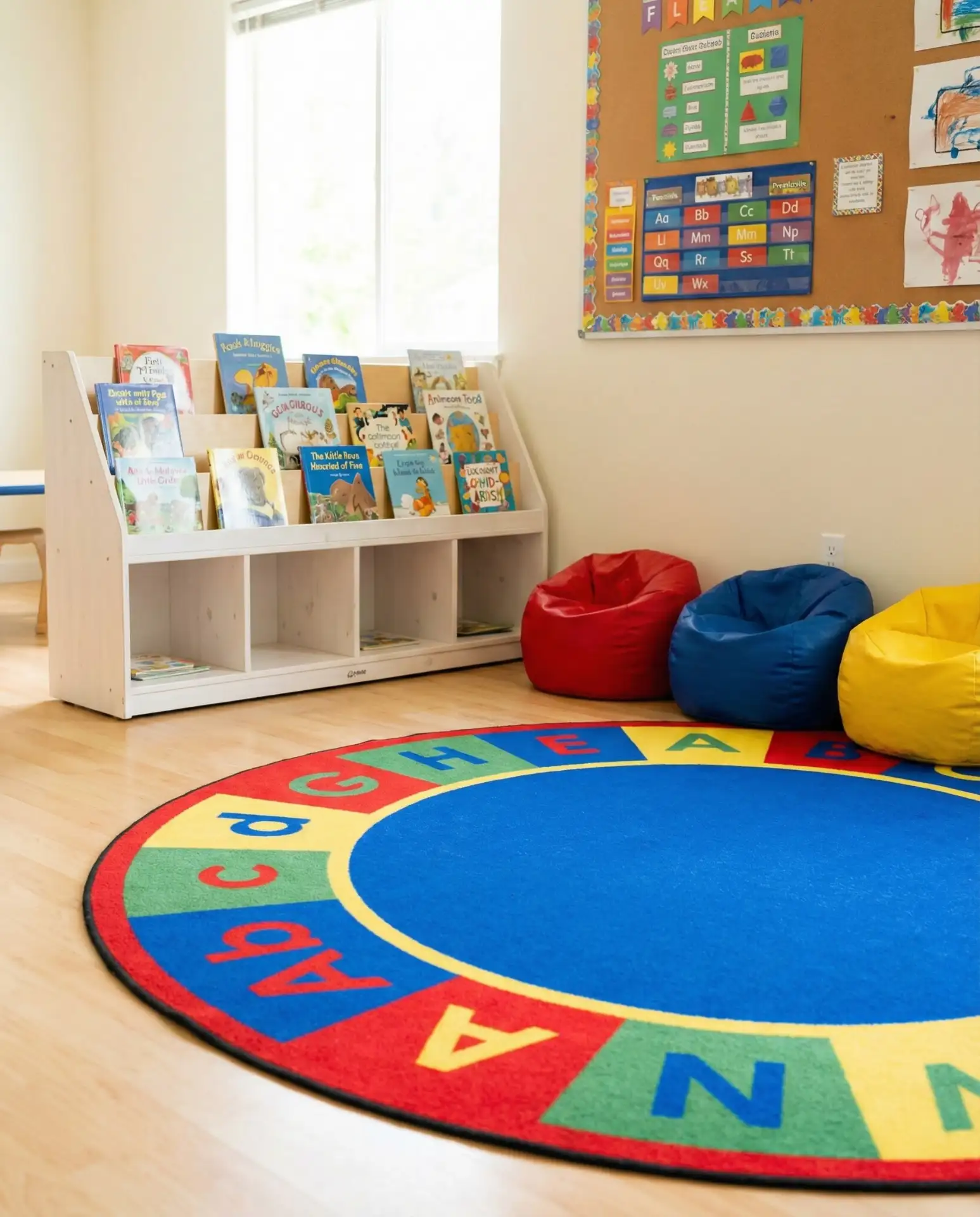 School Reading Corner with Alphabet Rug and Low Shelves 2